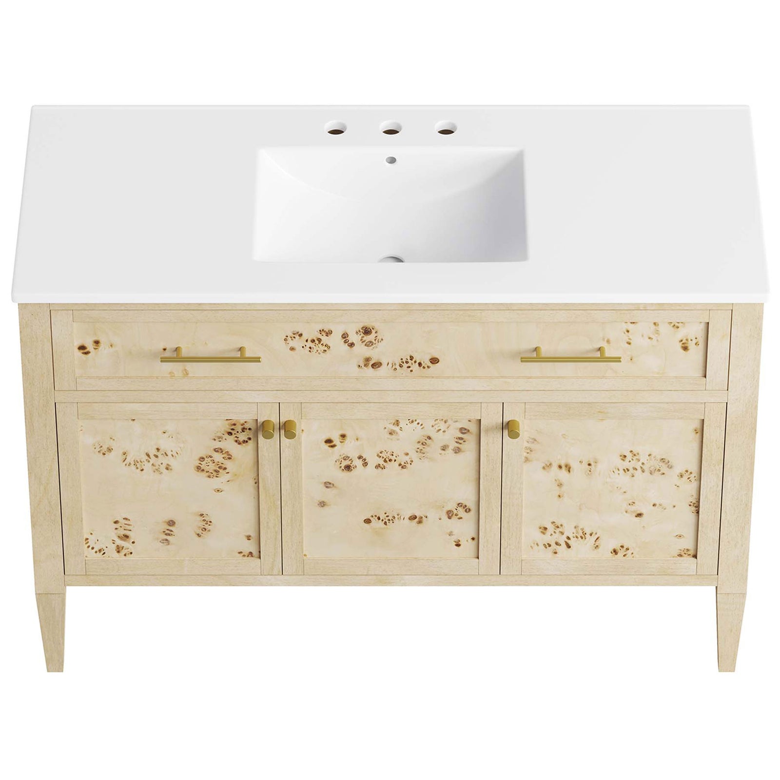 Integrated rectangular basin with 8-inch centerset holes on a clean, white countertop. || EEI-6451-WHI-BUR || top_studio