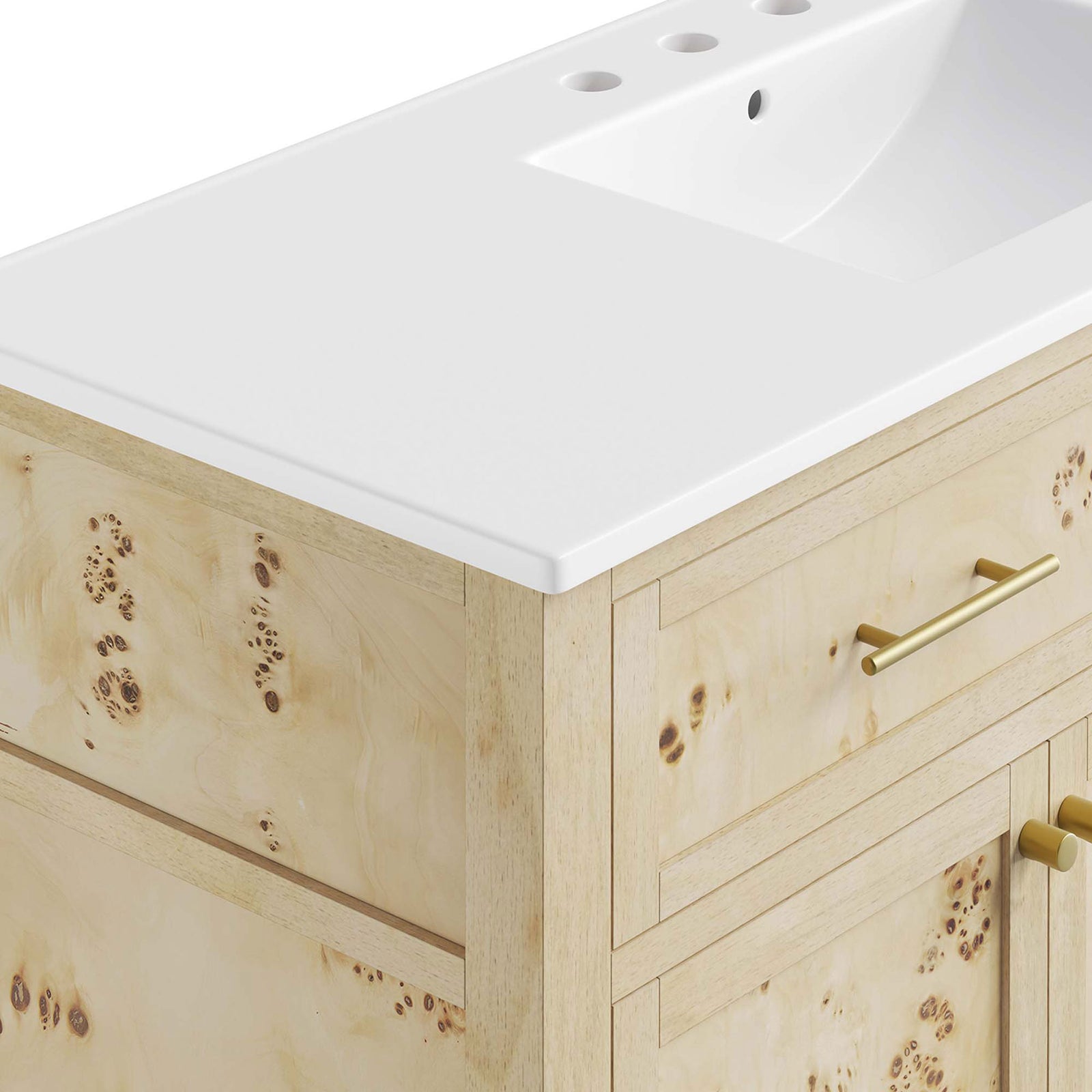 Smooth white countertop meets crisp basin edges above burl wood grain and brass pulls. || EEI-6451-WHI-BUR || detail_studio