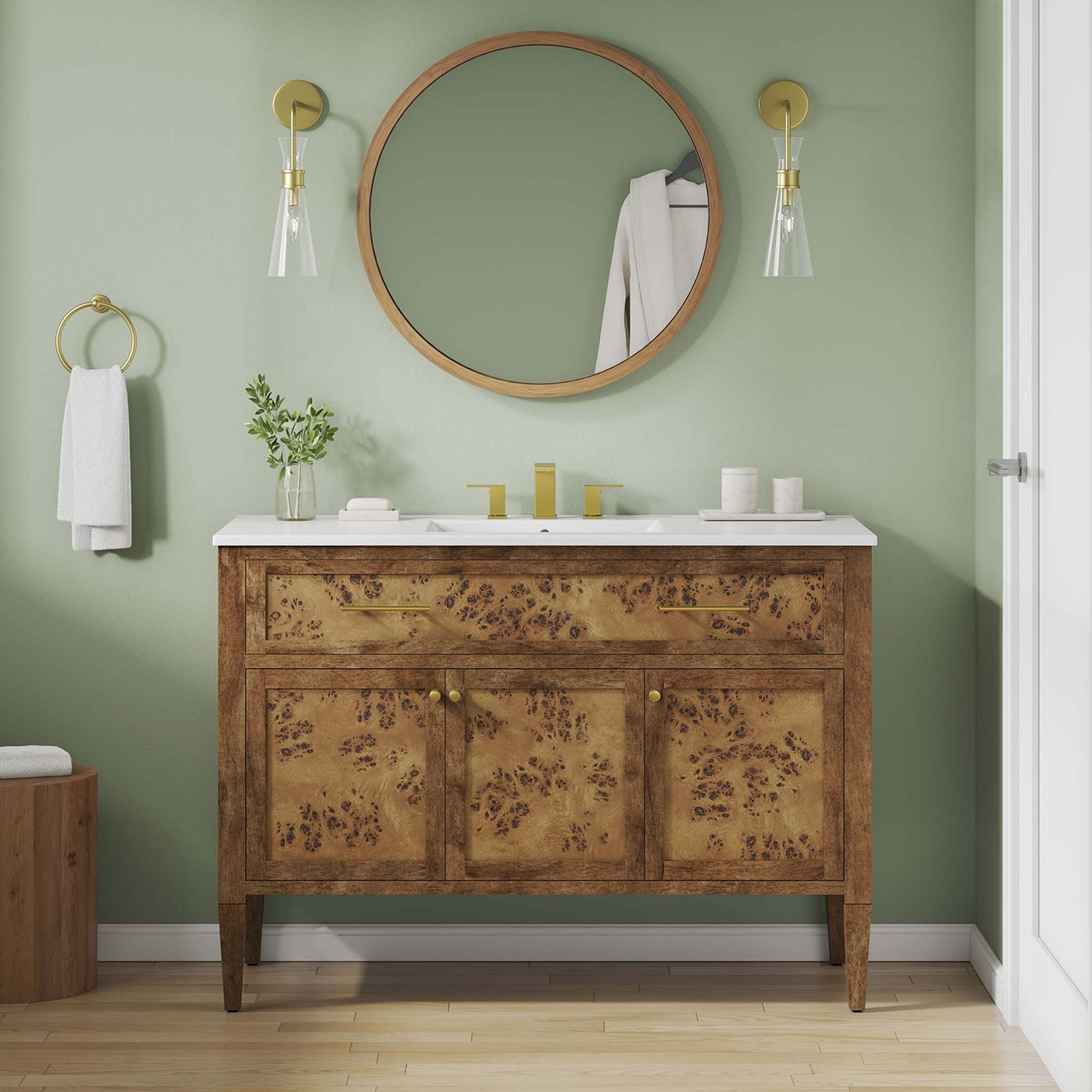 Burl wood vanity with white sink brings warmth and modern polish to a fresh bathroom || EEI-6452-WHI-BRN || front_room