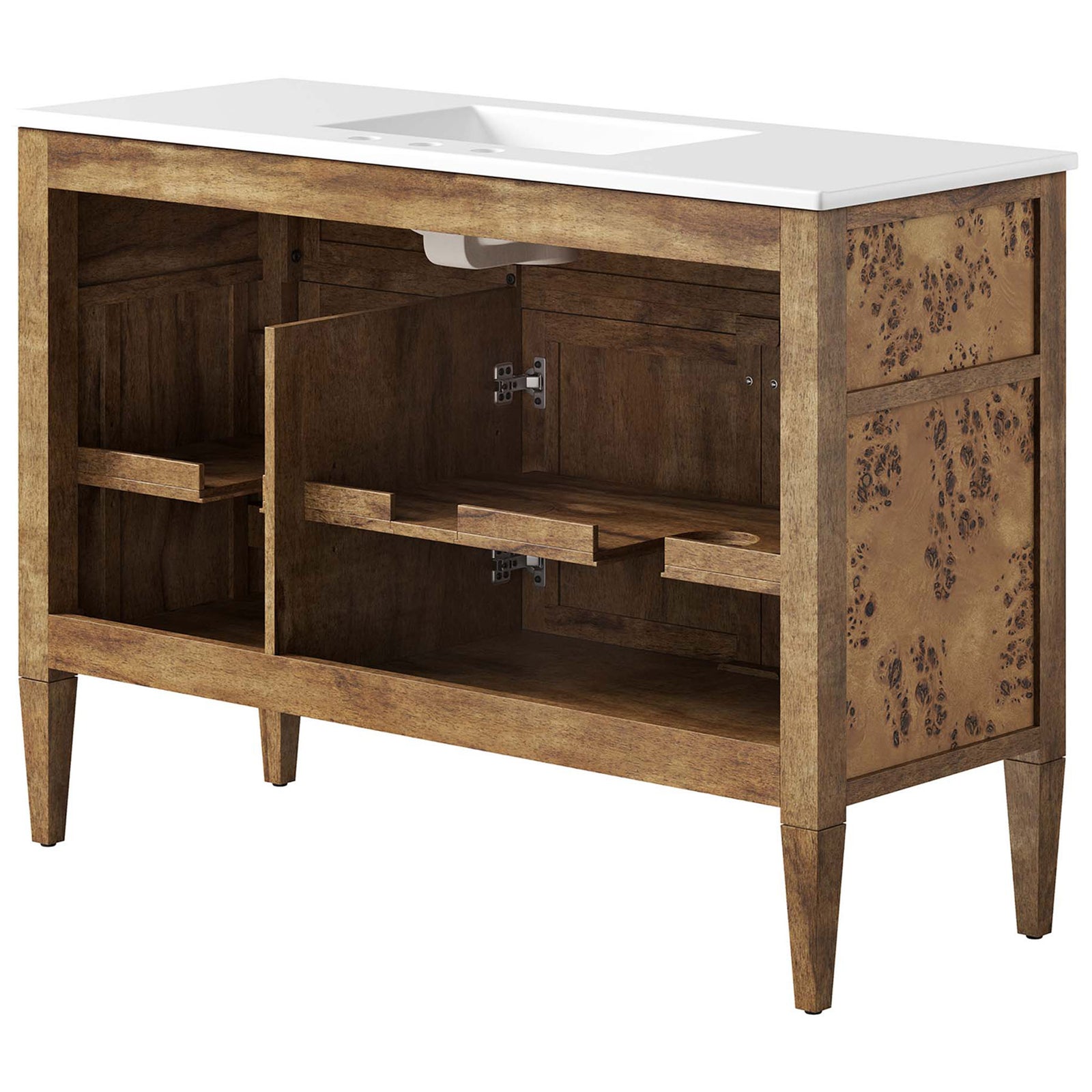 Spacious shelving with a center plumbing cutout inside the burl wood vanity cabinet || EEI-6452-WHI-BRN || back_angle_studio