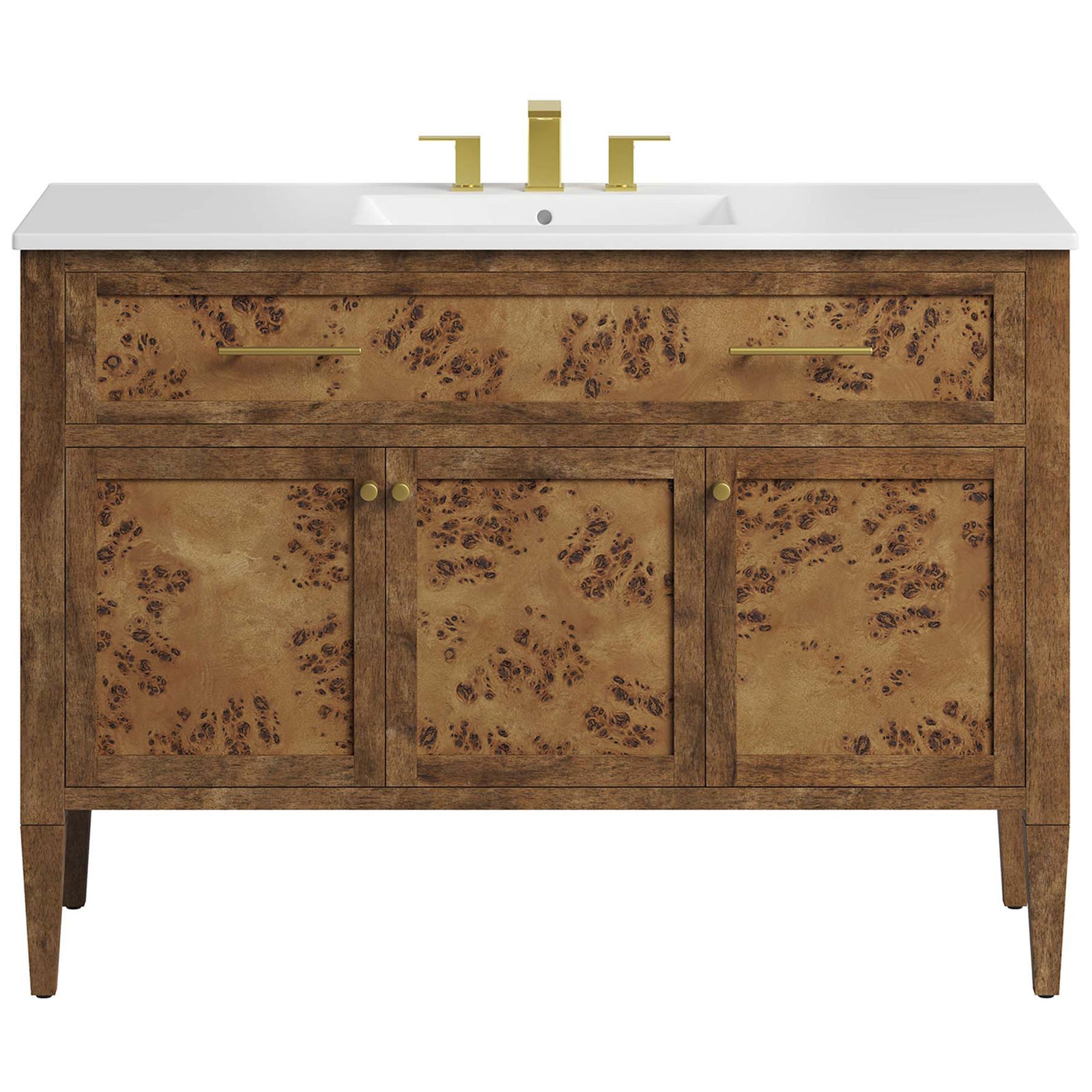 Burl-figured doors and brass pulls pair with a seamless ceramic sink for refined style || EEI-6452-WHI-BRN || front_studio