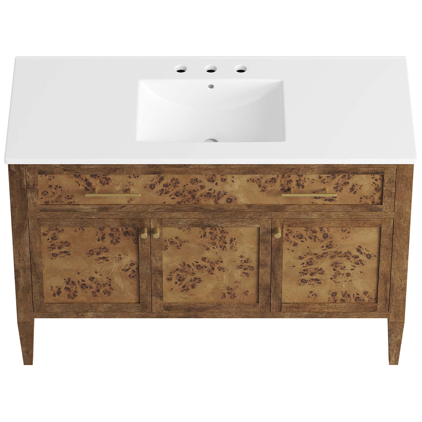 Integrated ceramic basin with three faucet holes crowns the warm burl wood vanity || EEI-6452-WHI-BRN || top_studio