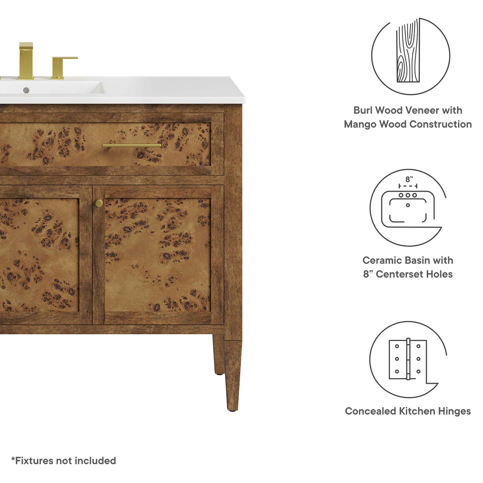 Highlights include burl veneer over mango wood, ceramic basin with 3 holes, and concealed hinges || EEI-6452-WHI-BRN || callout_studio
