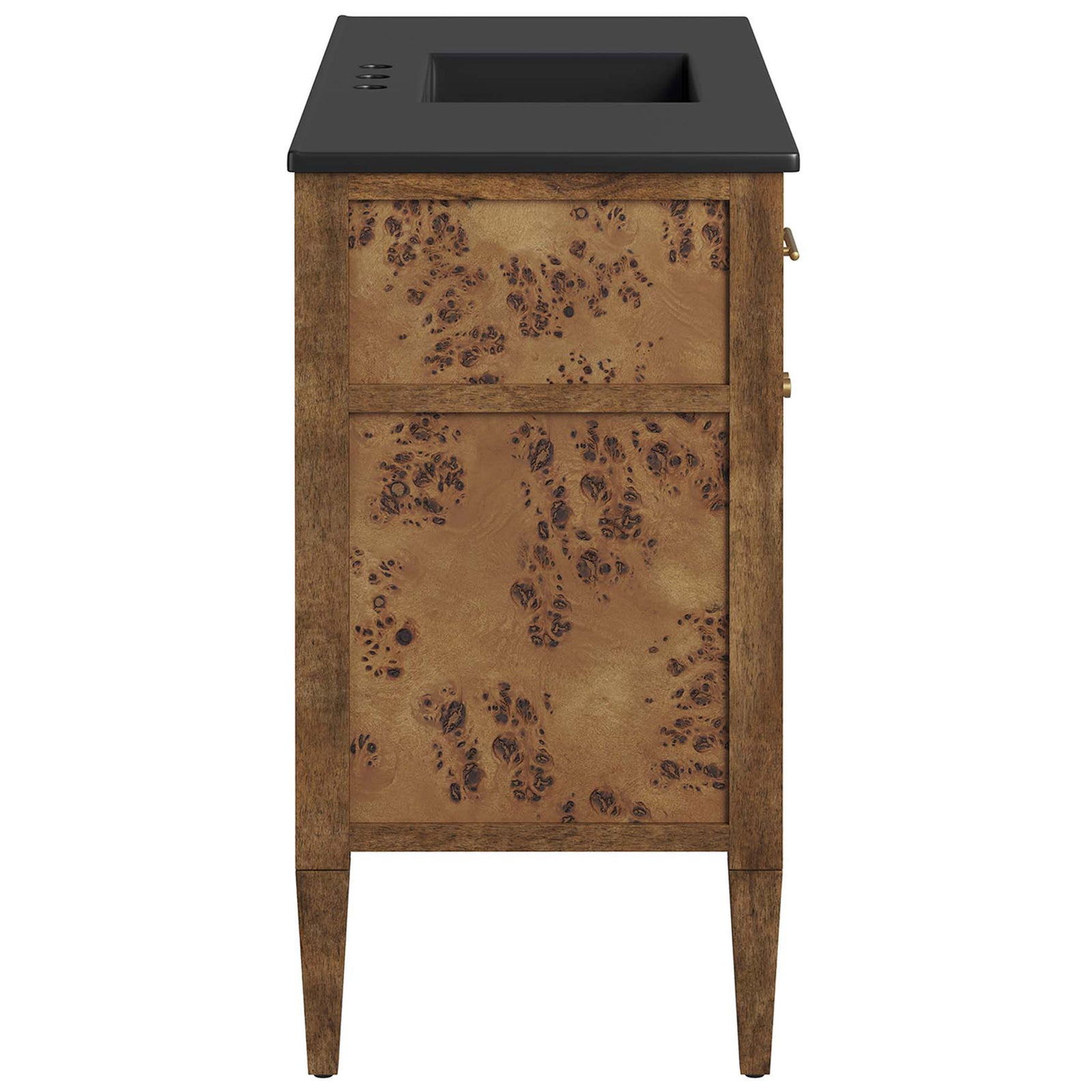 Burl veneer panels and slim tapered legs lend a refined, warm look. || EEI-6453-BLK-BRN || side_studio
