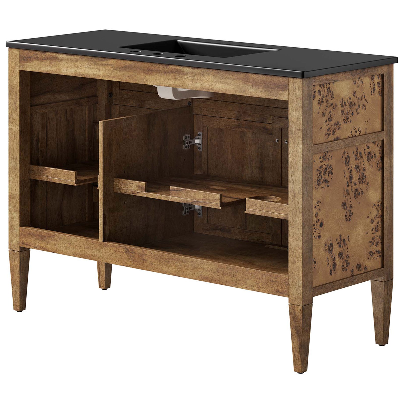 Cabinet doors open to reveal spacious shelving, plumbing cutout, and concealed hinges. || EEI-6453-BLK-BRN || back_angle_studio