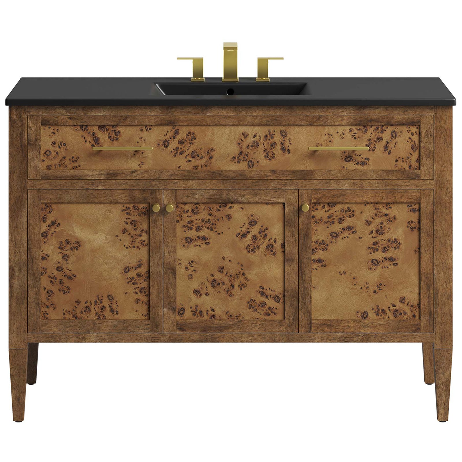 Burl wood vanity with black countertop and satin brass hardware for a sophisticated finish. || EEI-6453-BLK-BRN || front_studio