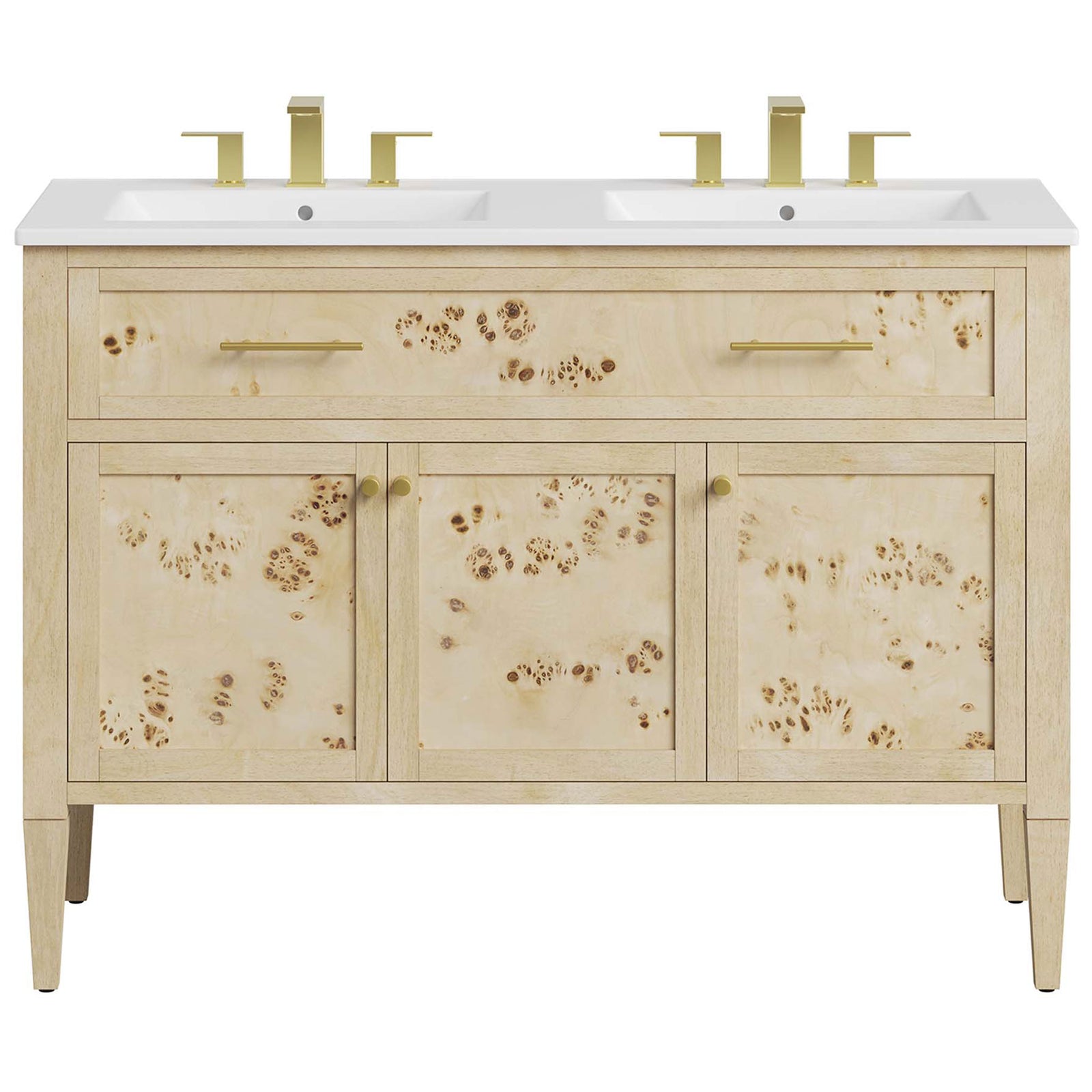 Elegant double sinks atop a burl wood cabinet accented with gold-tone faucets and pulls || EEI-6454-WHI-BUR || front_studio