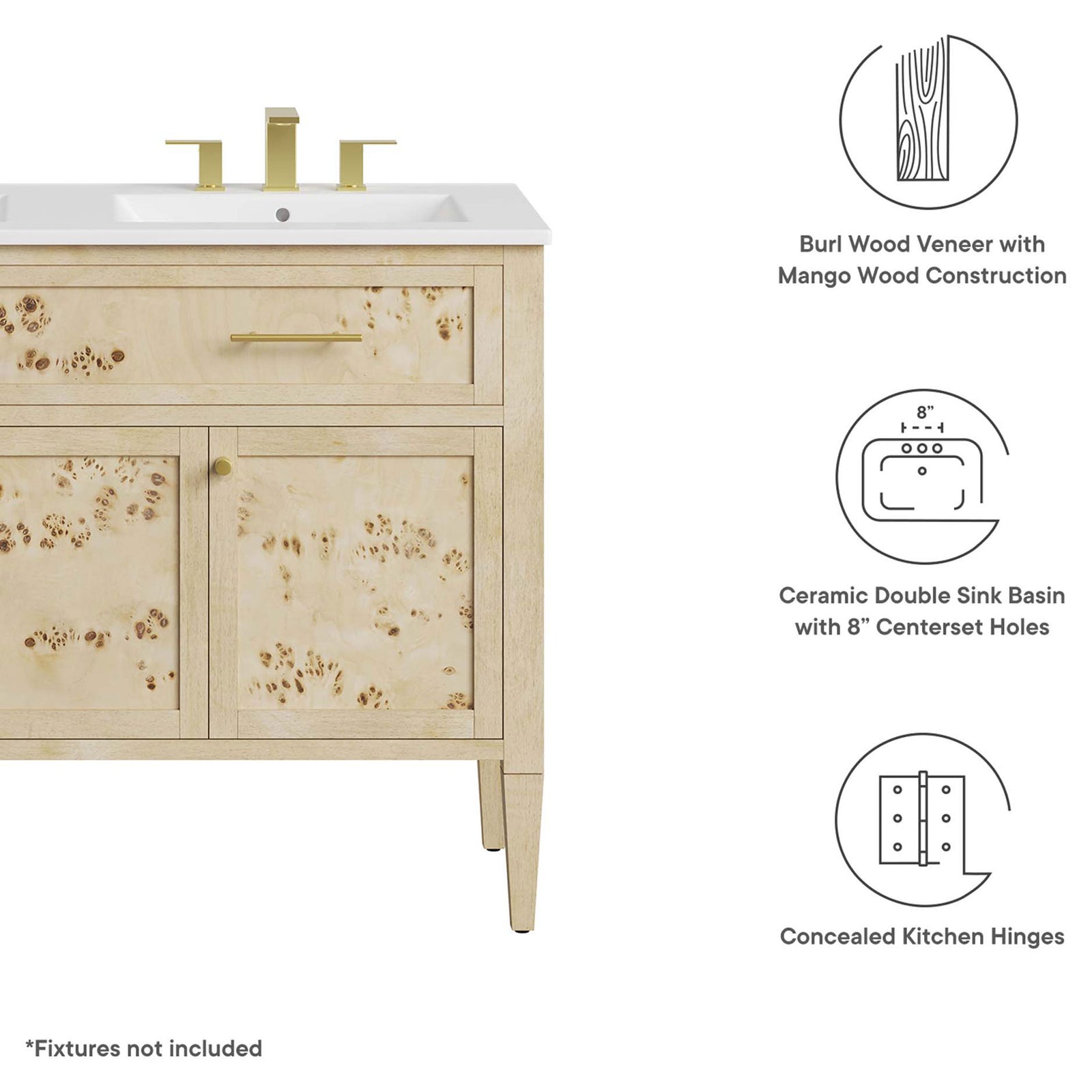 Premium burl veneer over mango wood with ceramic double sinks and concealed hinges || EEI-6454-WHI-BUR || callout_studio