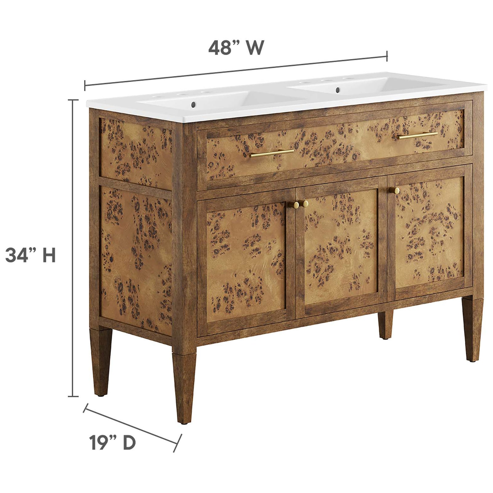 48 W x 19 D x 34 H dimensions for the double-sink vanity || EEI-6456-WHI-BRN || dimension_studio