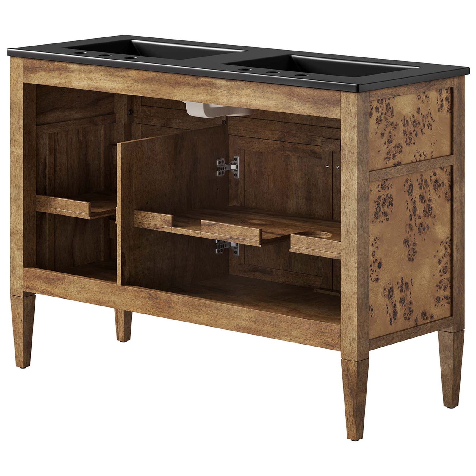 Open back and interior shelf with plumbing cutouts for easy installation || EEI-6457-BLK-BRN || back_angle_studio
