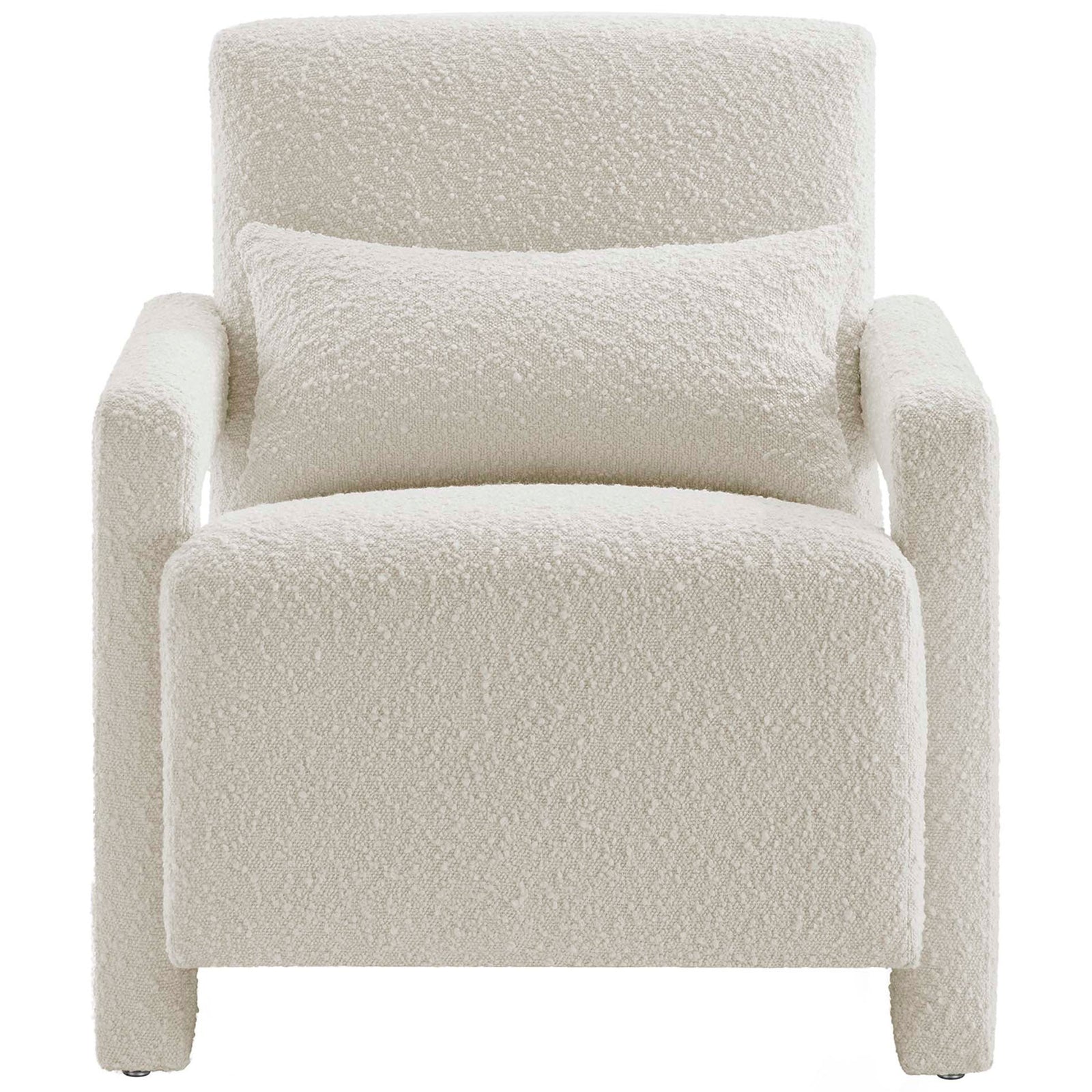 Modern ivory boucle armchair with clean lines and a comfy matching lumbar pillow || EEI-6475-IVO || front_studio