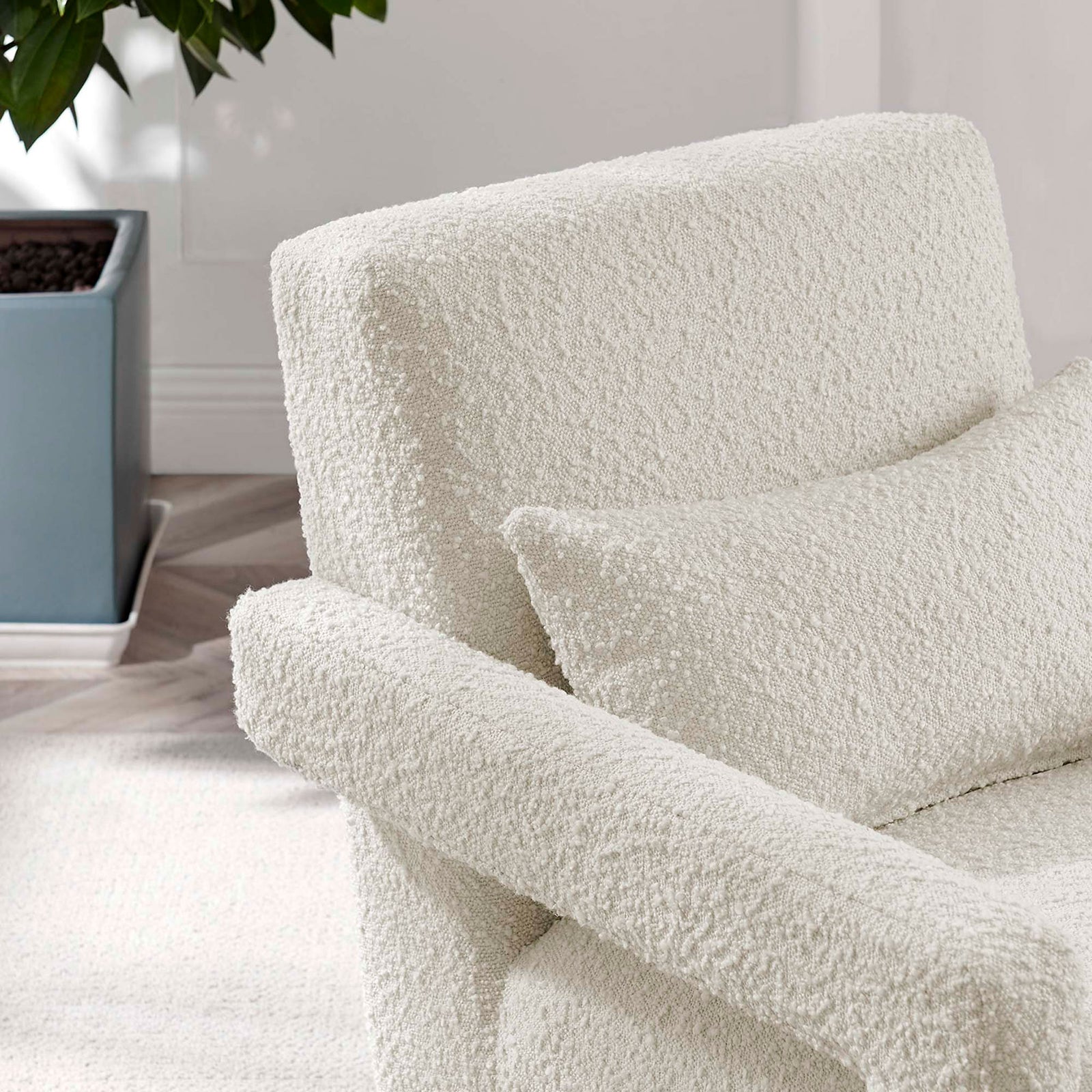 Textured ivory boucle and sleek arm design elevate any living room setting || EEI-6475-IVO || detail_room