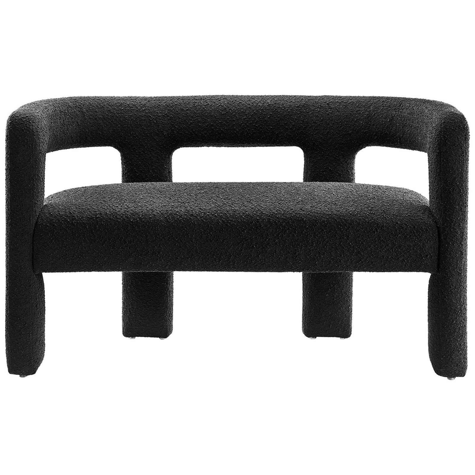 Compact black boucle loveseat with wide seat and airy cutout backrest || EEI-6477-BLK || front_studio