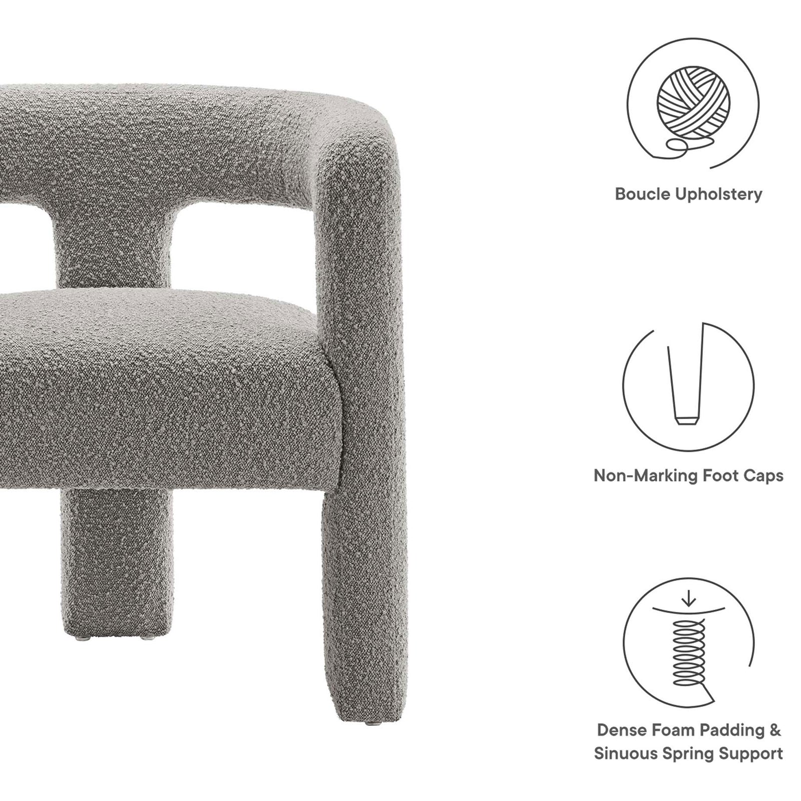 Boucle upholstery, non-marking foot caps, and dense foam with sinuous spring support || EEI-6479-LGR || callout_studio