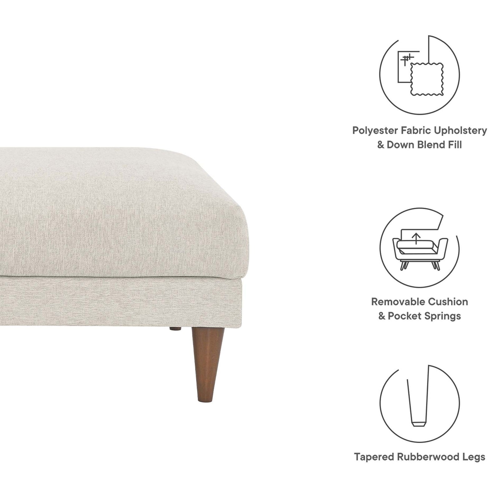 Modern ivory ottoman with callouts for polyester fabric, down blend fill, removable cushion, and tapered wood legs || EEI-6481-HEI || callout_studio