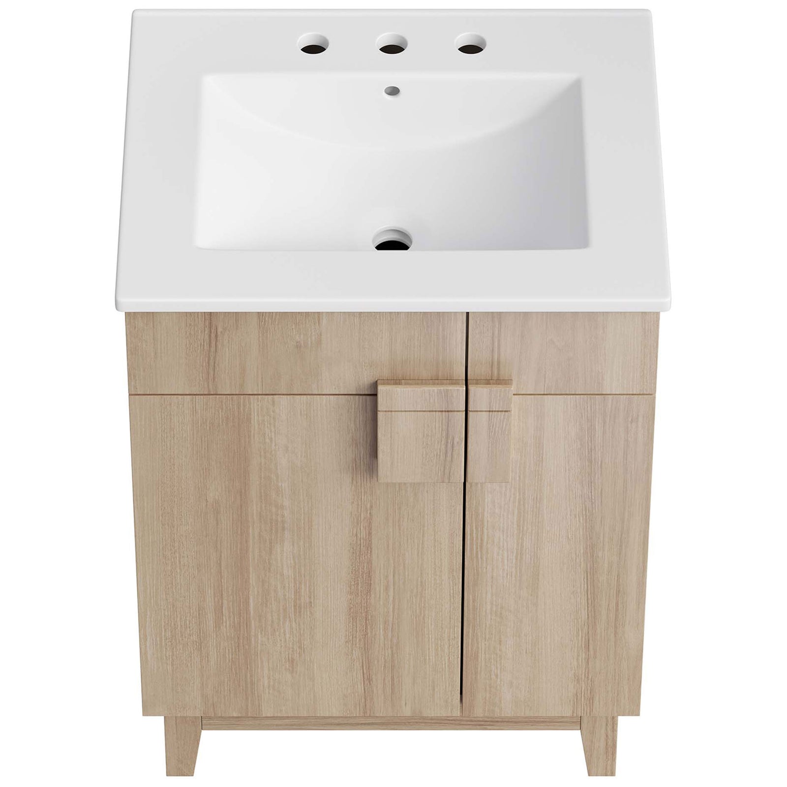 Integrated ceramic sink with pre-drilled 8-inch widespread faucet holes || EEI-6482-WHI-OAK || top_studio
