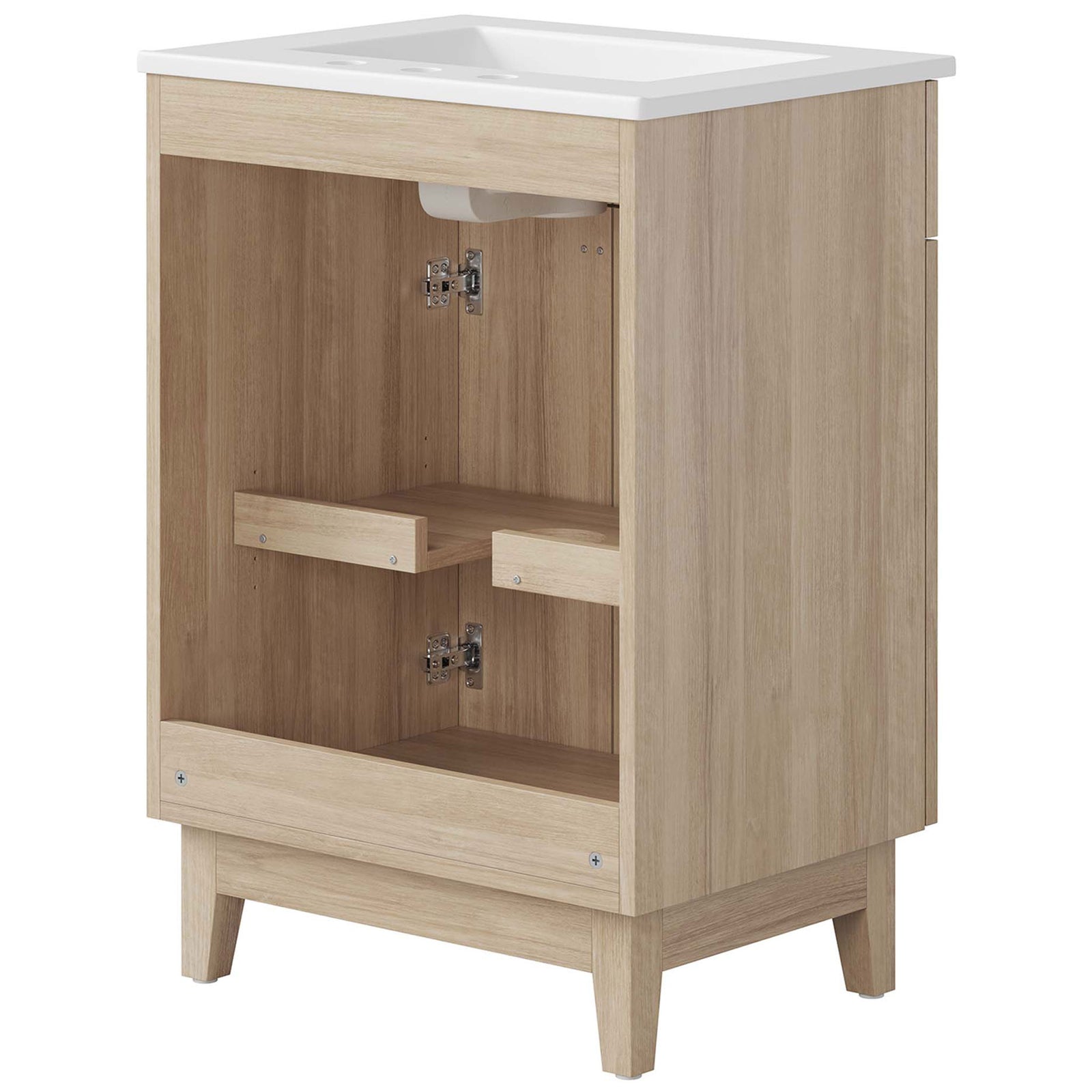 Open-back design and shelf supports make plumbing access simple || EEI-6482-WHI-OAK || back_angle_studio
