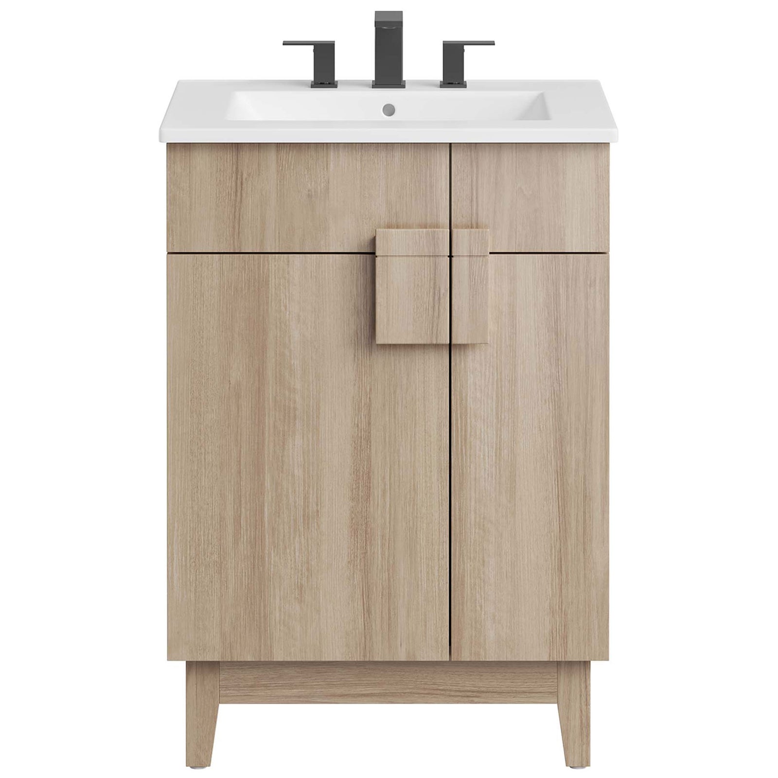 White oak vanity with ceramic basin, split square handle, and tapered legs || EEI-6482-WHI-OAK || front_studio