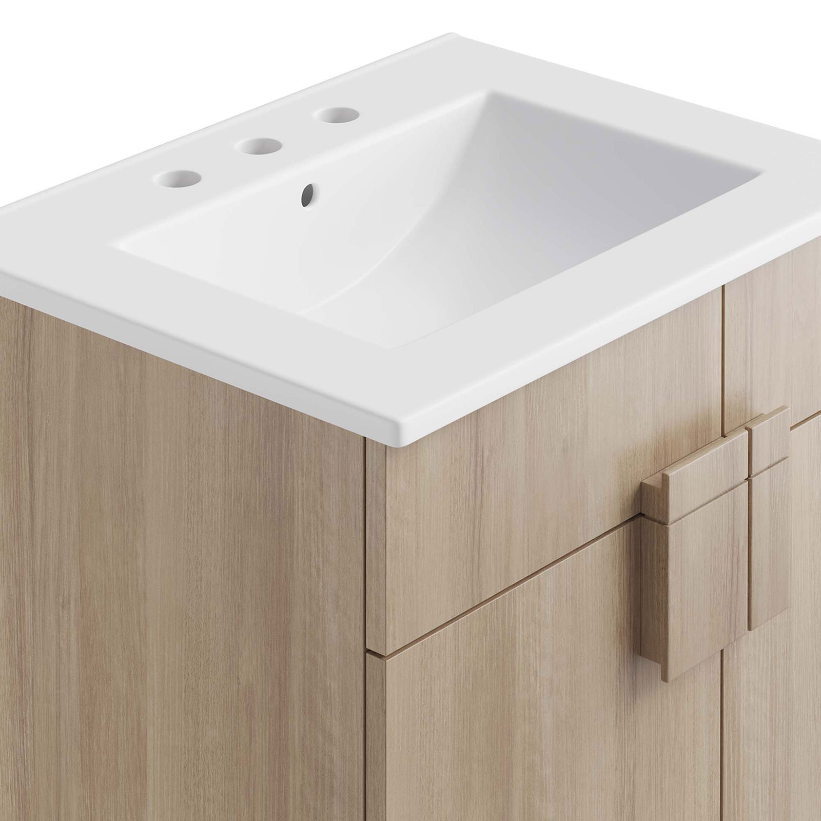 Smooth ceramic countertop and clean edges complement the minimalist facade || EEI-6482-WHI-OAK || detail_studio