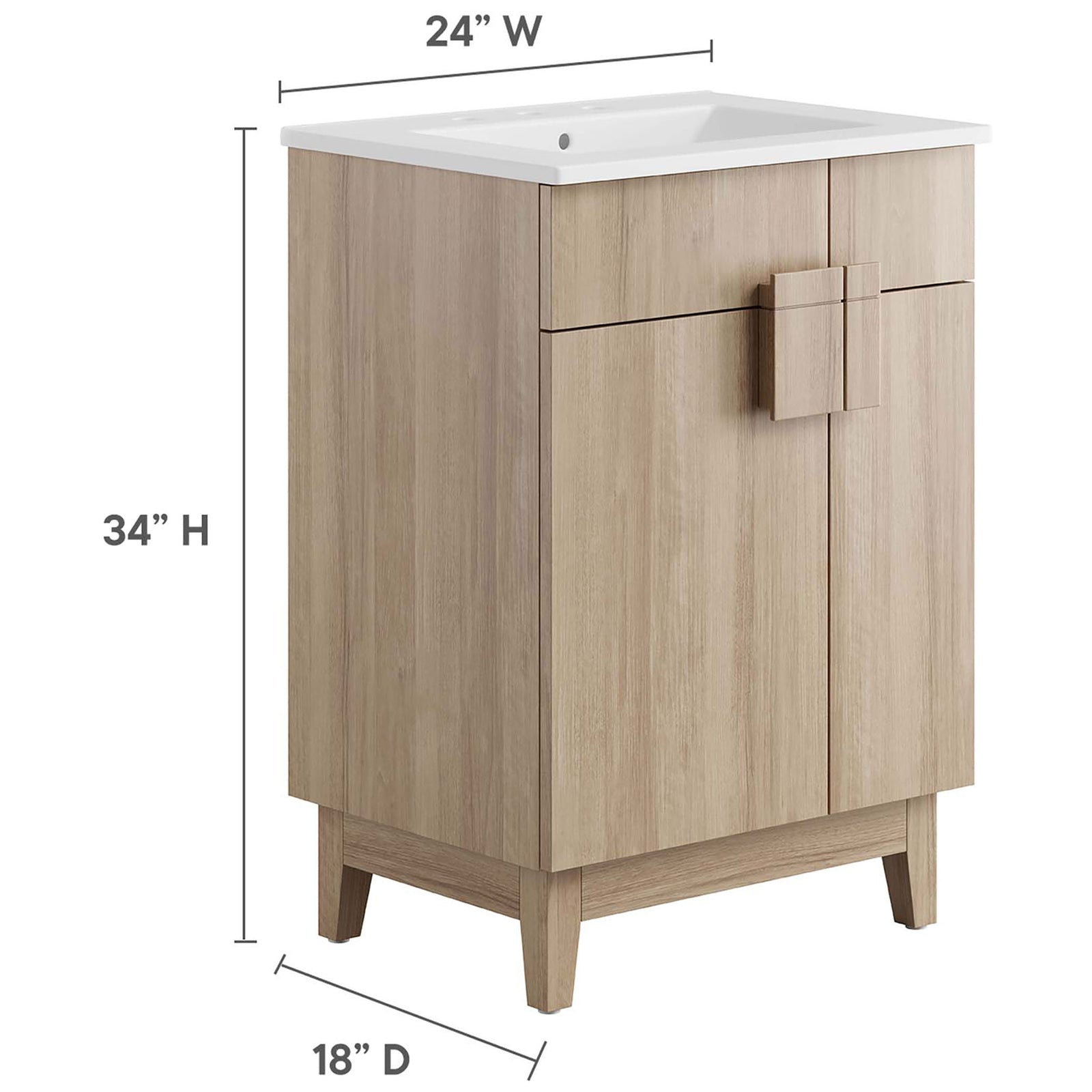 Compact 24-inch vanity sized for small bathrooms with ample storage || EEI-6482-WHI-OAK || dimension_studio