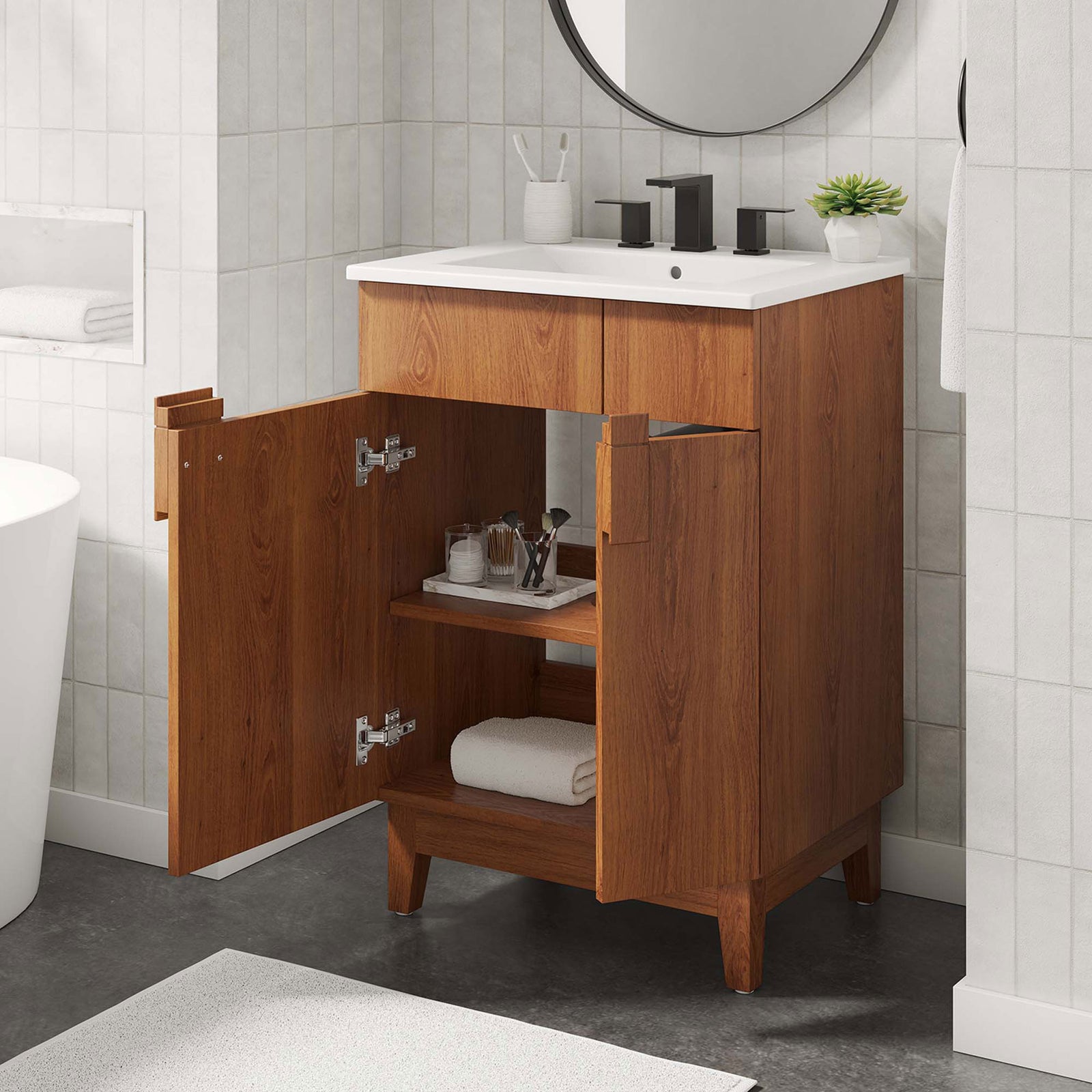 Open storage keeps towels and toiletries within easy reach for daily routines. || EEI-6482-WHI-WAL || front_angle_open_room
