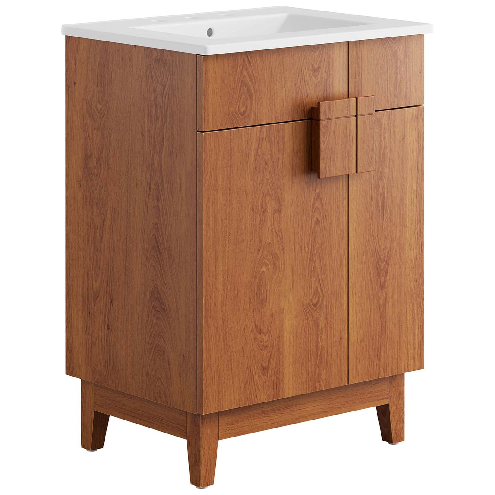 Warm walnut vanity with white ceramic basin and split square handle for modern appeal. || EEI-6482-WHI-WAL || front_angle_studio