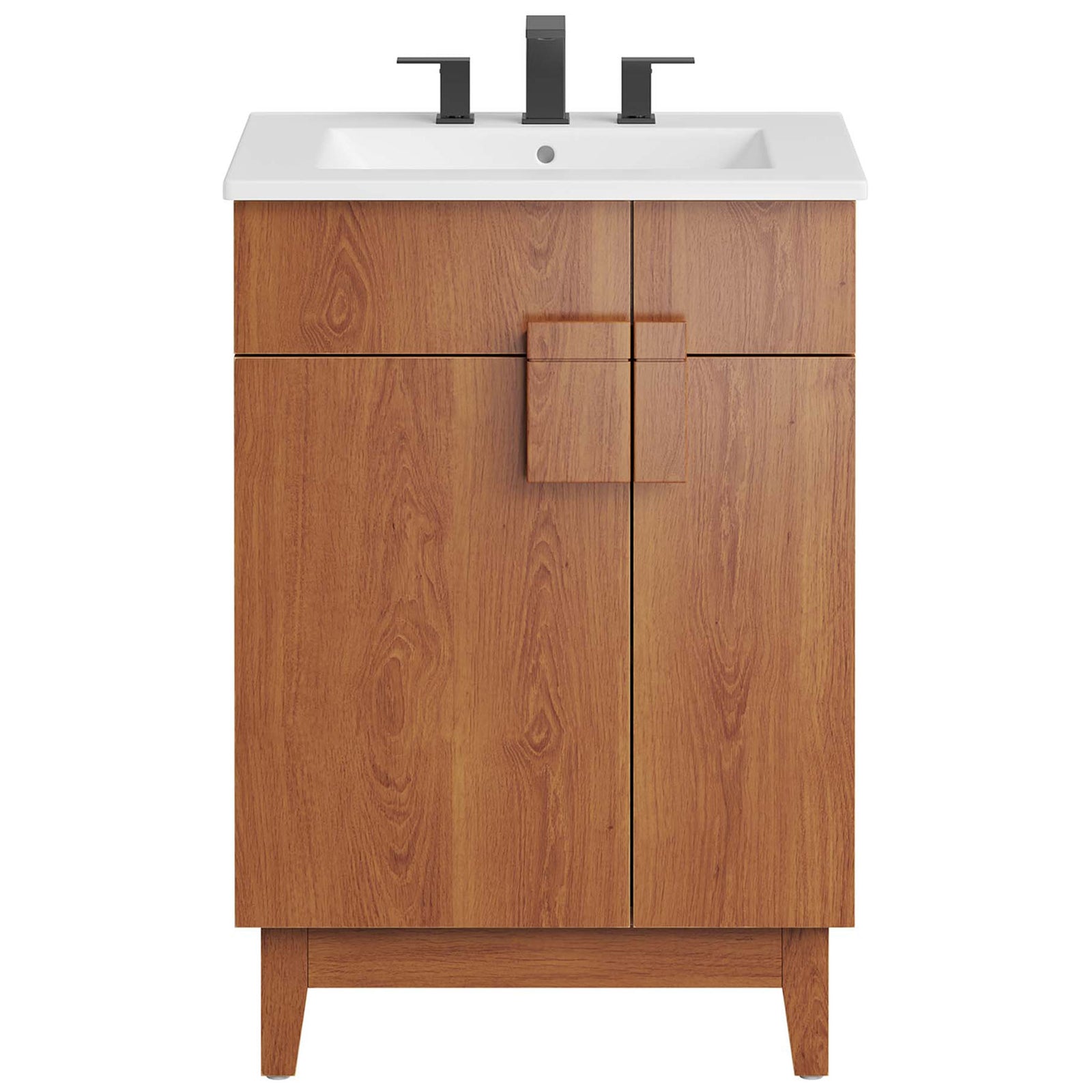 Crisp white sink contrasts a warm walnut cabinet for a clean, modern look. || EEI-6482-WHI-WAL || front_studio