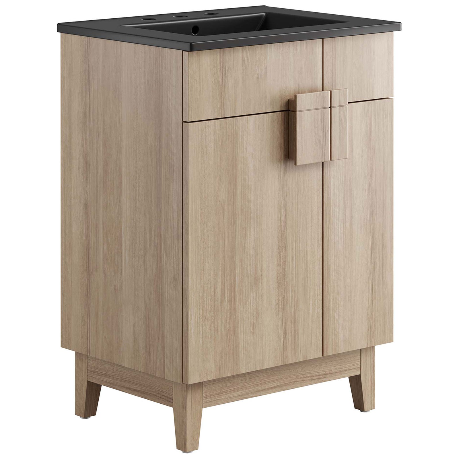 Clean-lined vanity with black ceramic basin, split square handle, and tapered legs in a warm oak finish. || EEI-6483-BLK-OAK || front_angle_studio