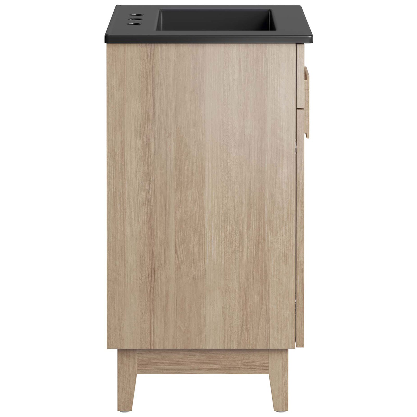 Slim profile highlights the modern wood-grain cabinet and sturdy tapered legs. || EEI-6483-BLK-OAK || side_studio