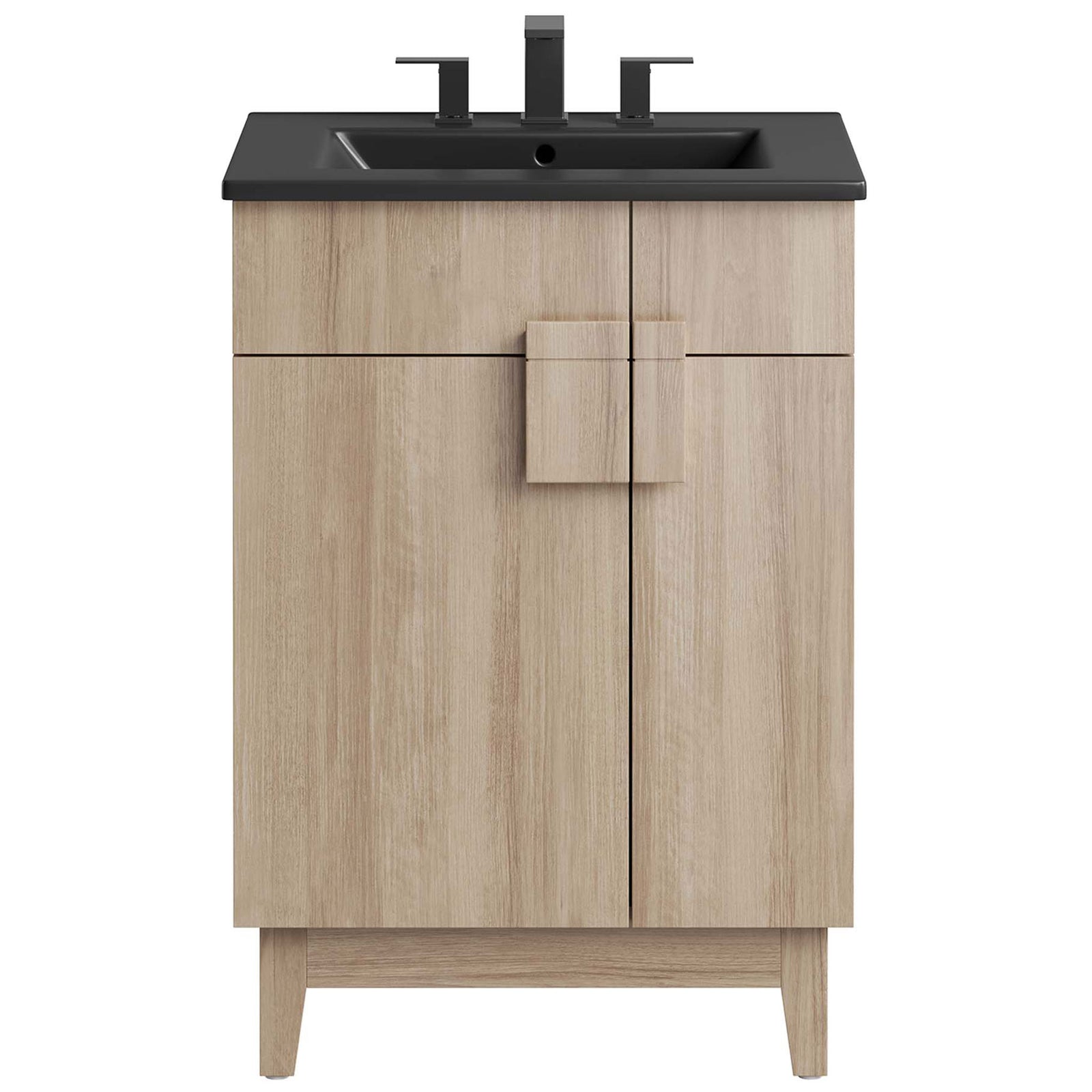 Modern vanity topped with a black ceramic sink, pre-drilled for 8-inch widespread faucets. || EEI-6483-BLK-OAK || front_studio