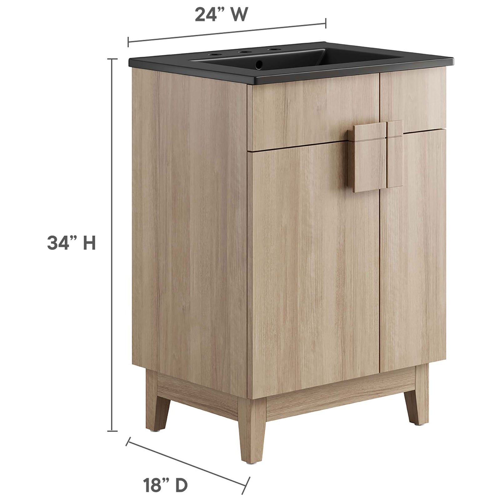Compact 24-inch vanity dimensions ideal for small baths without sacrificing storage. || EEI-6483-BLK-OAK || dimension_studio