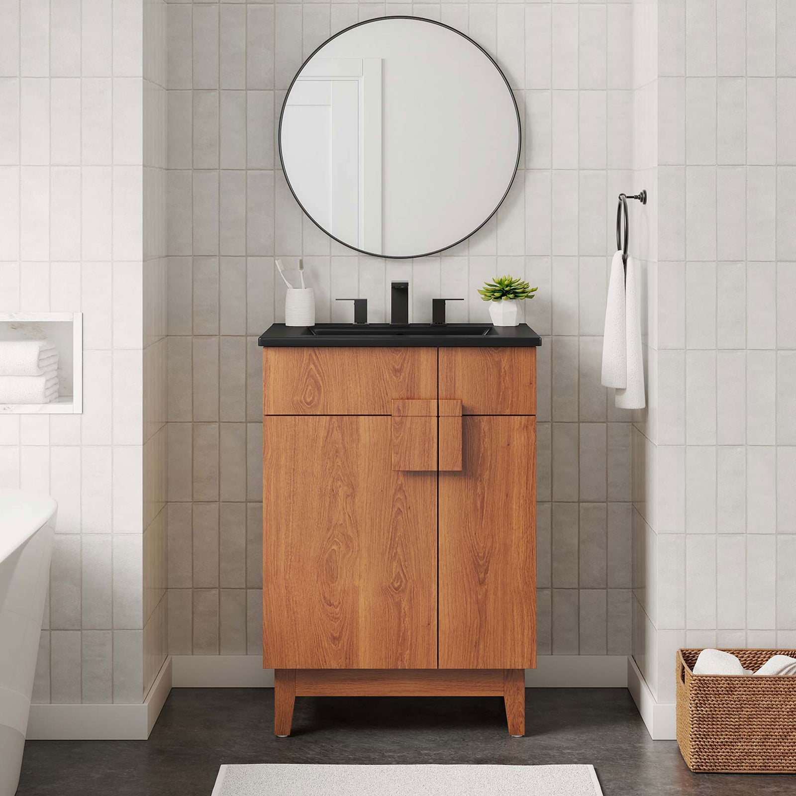 Warm walnut finish adds modern character to the bath with a compact 24-inch vanity || EEI-6483-BLK-WAL || front_room