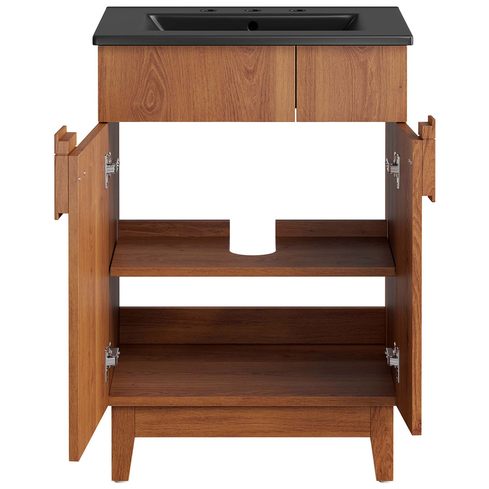 Dual-door storage with two shelves and plumbing cutout keeps essentials organized || EEI-6483-BLK-WAL || front_open_studio