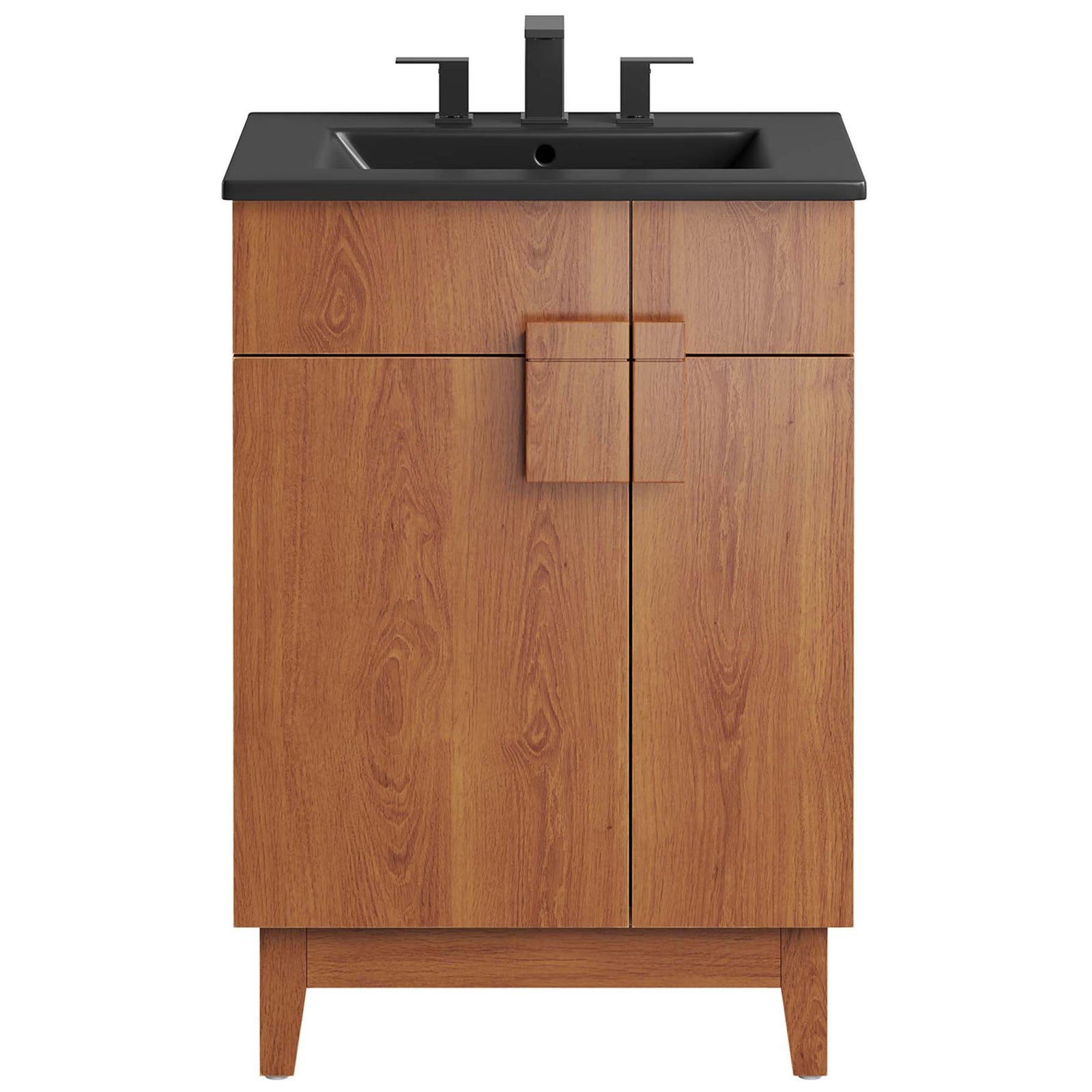 Clean front view showcases the asymmetrical doors and sculptural square pull || EEI-6483-BLK-WAL || front_studio