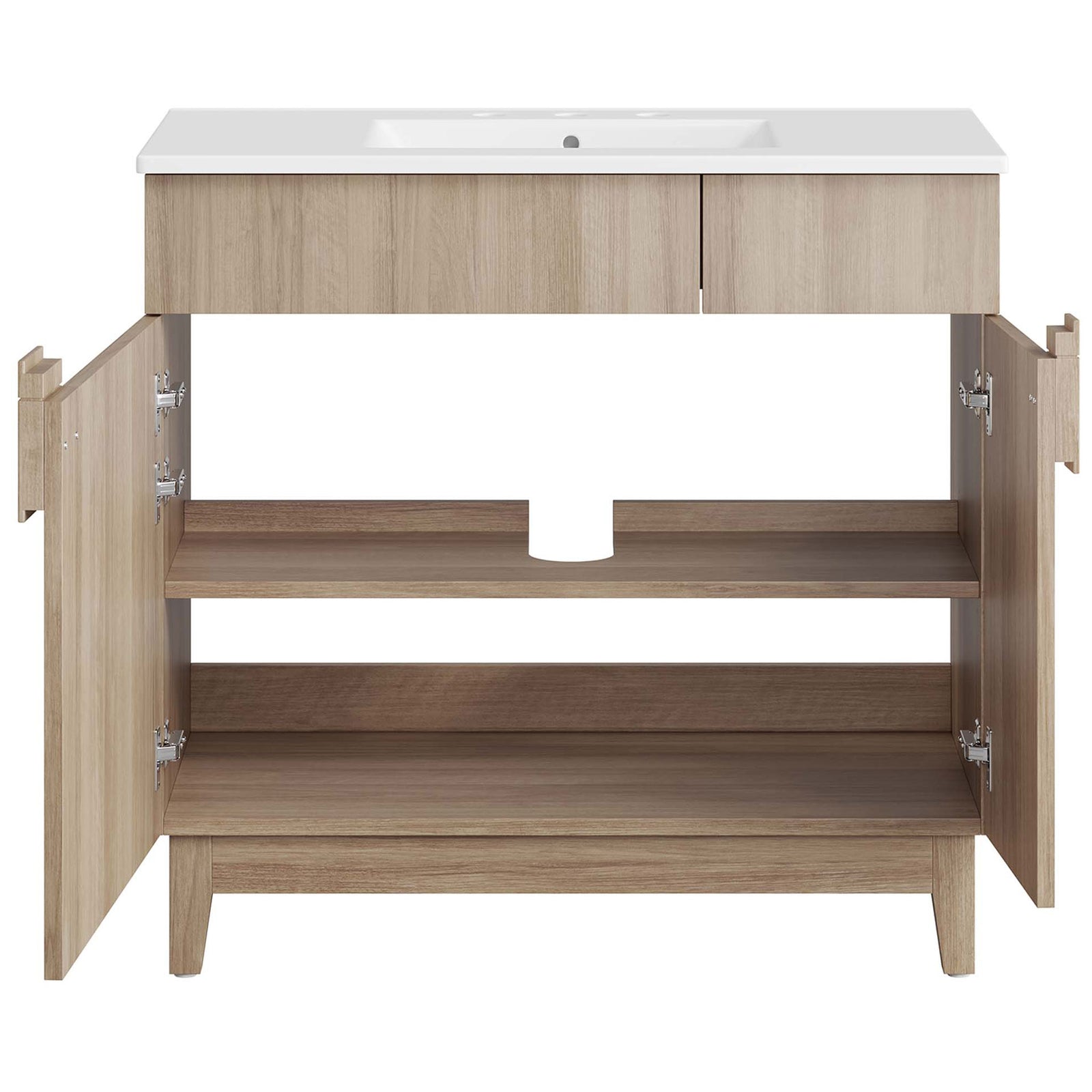 Roomy storage with two shelves and a center plumbing cutout || EEI-6484-WHI-OAK || front_open_studio
