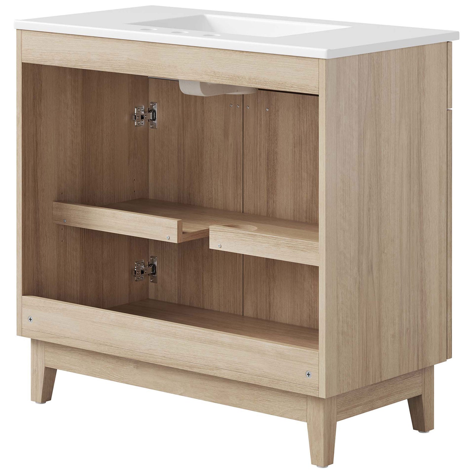 Open-back cabinet design makes installation and hose routing easy || EEI-6484-WHI-OAK || back_angle_studio