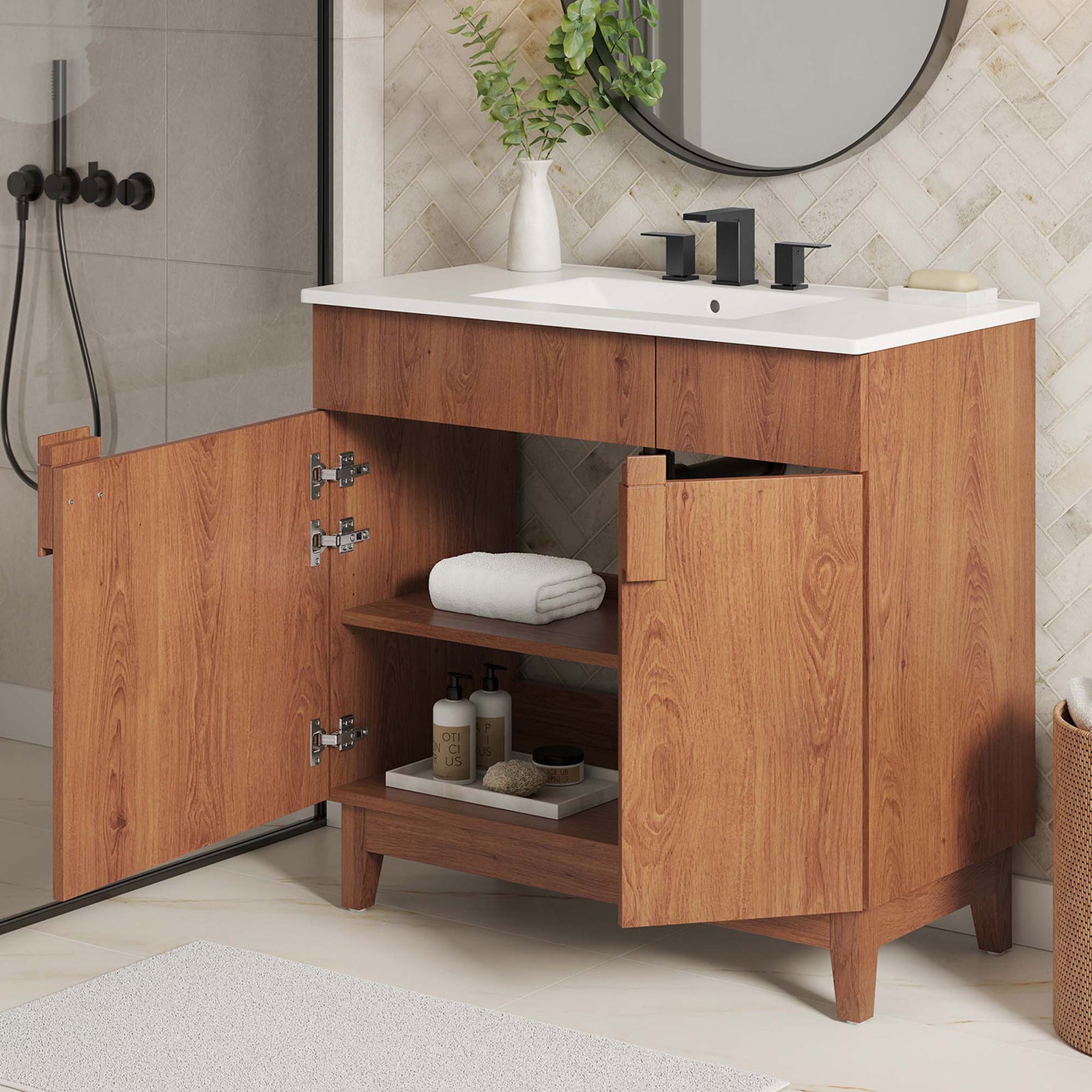 Open shelves keep essentials tidy while doors neatly conceal clutter. || EEI-6484-WHI-WAL || front_angle_open_room