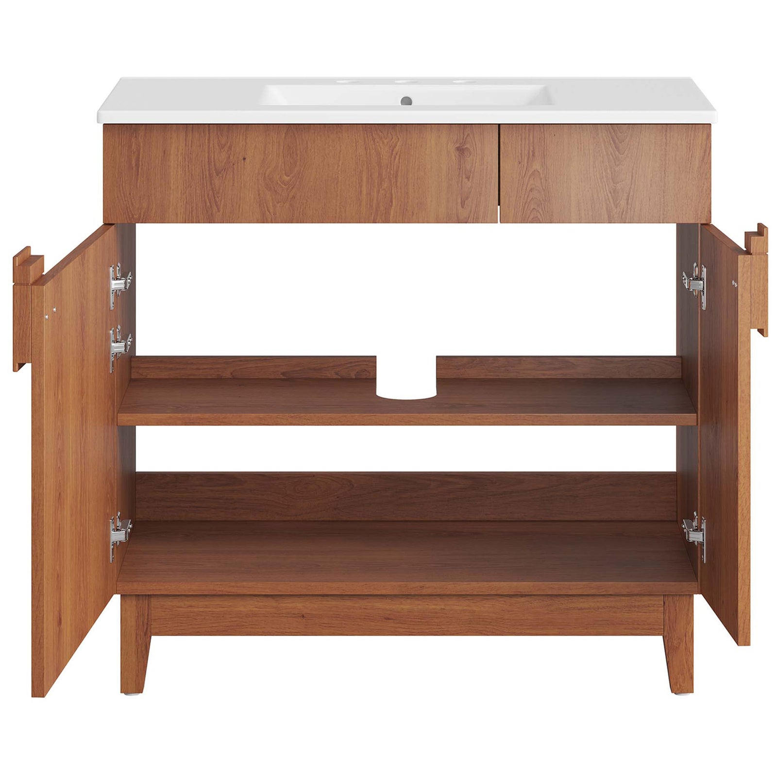 Twin doors open to generous shelves and a smart plumbing cutout. || EEI-6484-WHI-WAL || front_open_studio