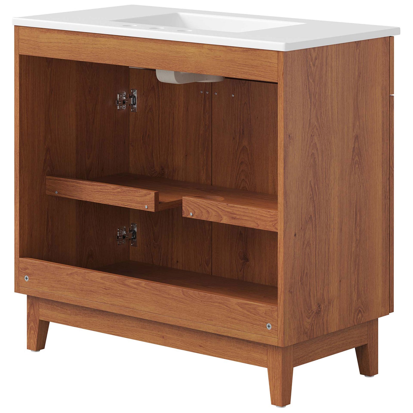 Open back allows straightforward plumbing access; tapered legs elevate the form. || EEI-6484-WHI-WAL || back_angle_studio