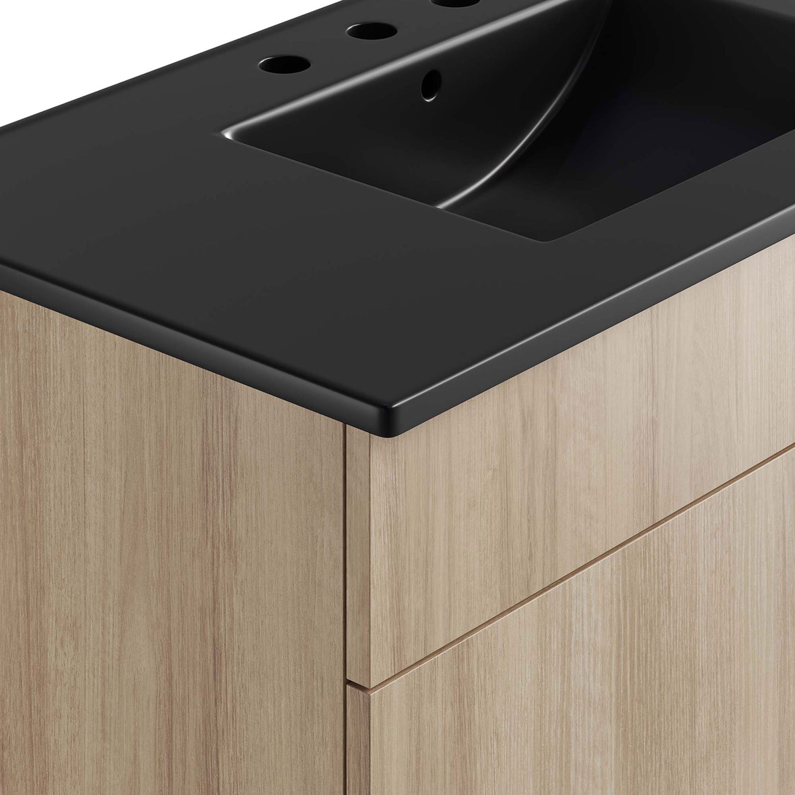 Smooth matte black ceramic top meets the natural oak wood-grain cabinet. || EEI-6485-BLK-OAK || detail_studio
