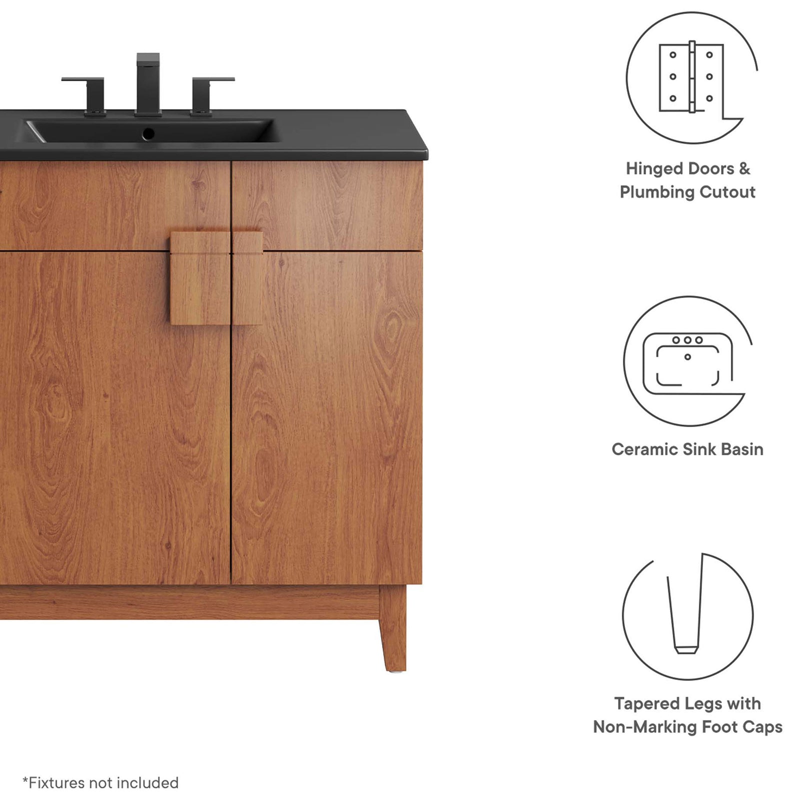 Feature highlights: hinged doors, ceramic sink, tapered legs, and foot caps || EEI-6485-BLK-WAL || callout_studio