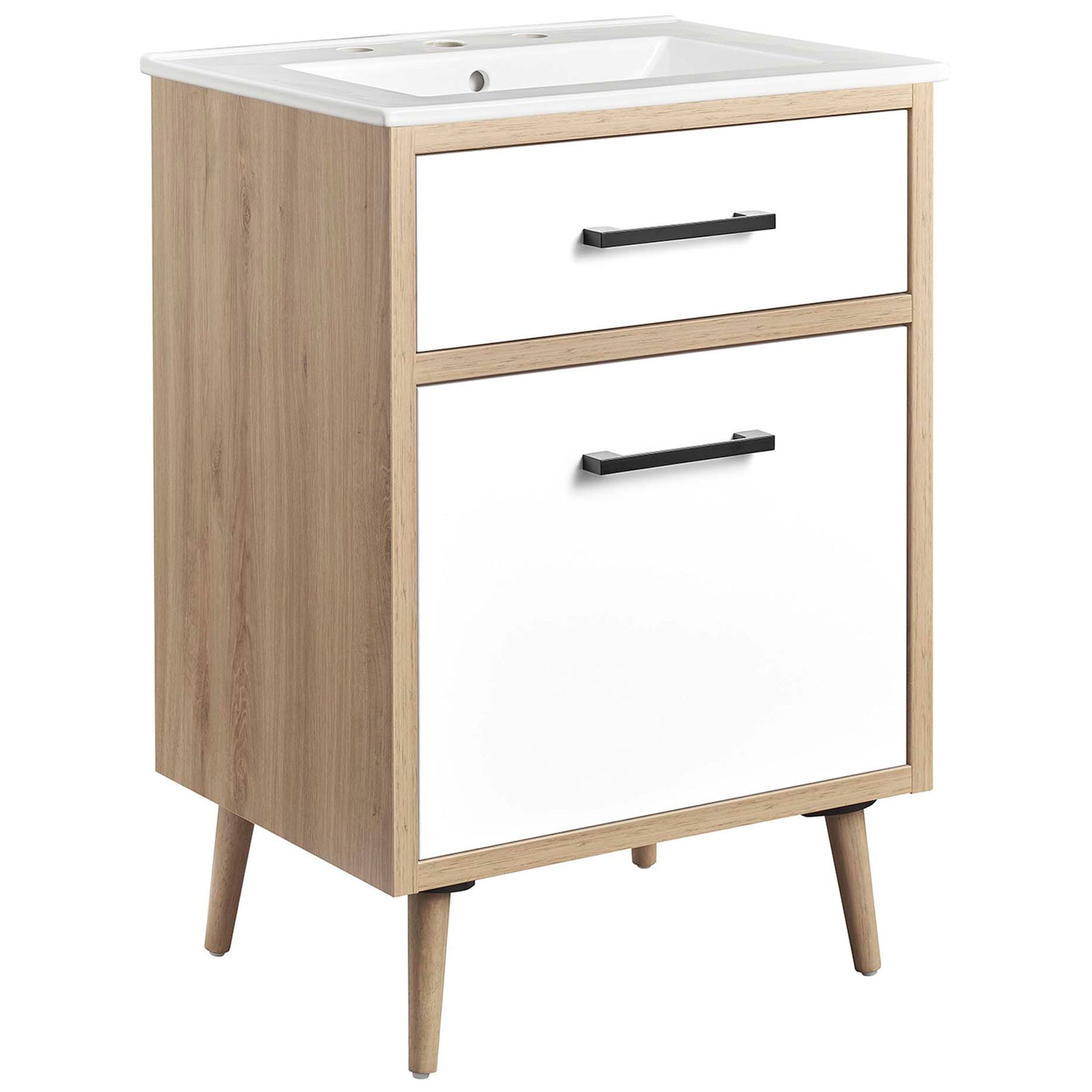 White oak vanity with white fronts, black pulls, and integrated ceramic sink on tapered legs || EEI-6498-WHI-OAK || front_angle_studio