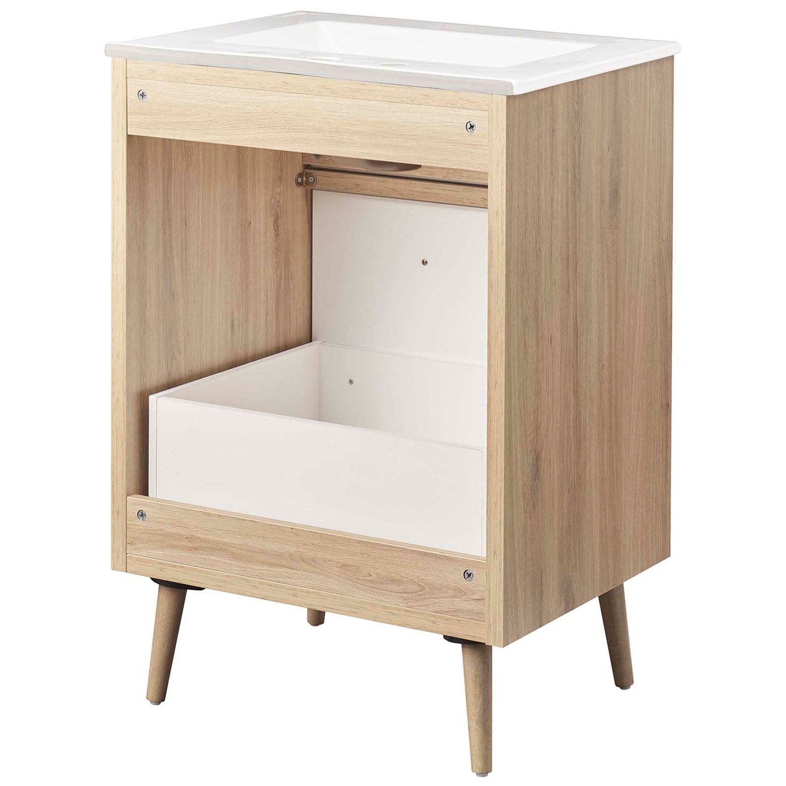 Durable cabinet construction with open back and interior drawer box for easy plumbing access || EEI-6498-WHI-OAK || back_angle_studio