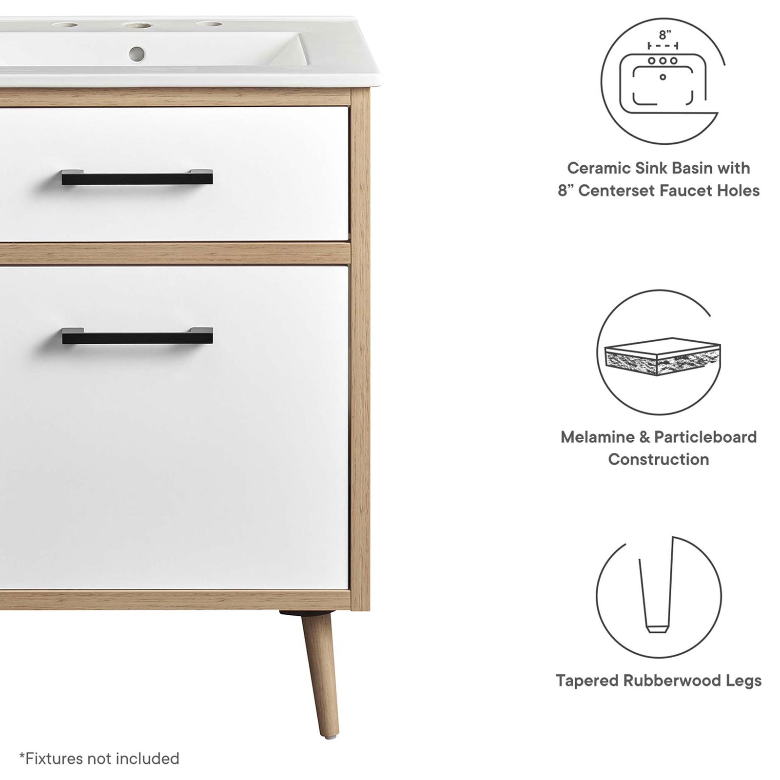 Feature highlights: Ceramic sink, melamine and particleboard build, and tapered rubberwood legs || EEI-6498-WHI-OAK || callout_studio