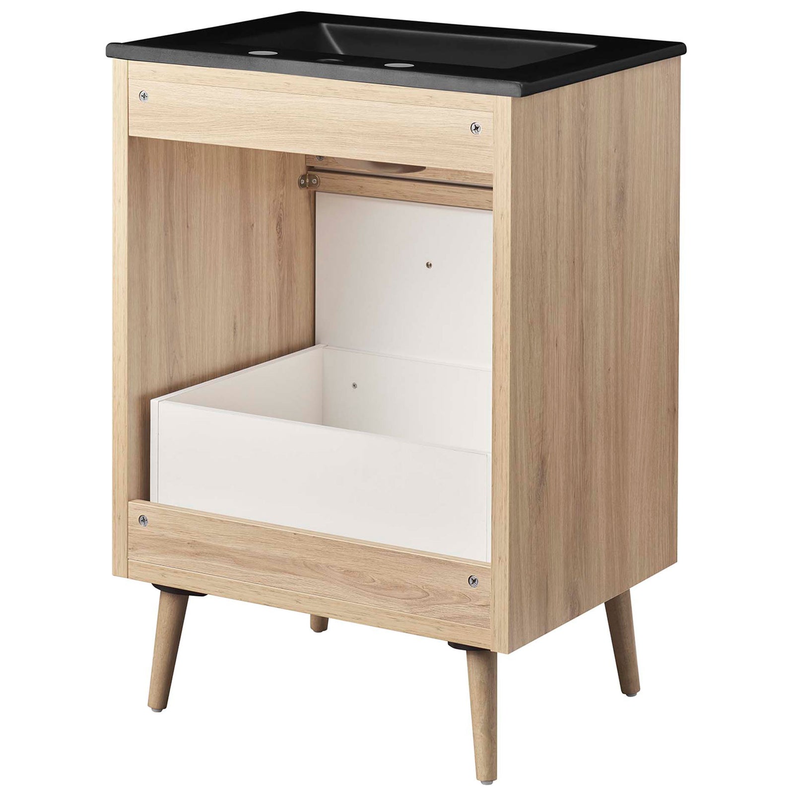 Rear cabinet design with open back and sturdy frame for easy plumbing access || EEI-6499-BLK-OAK || back_angle_studio