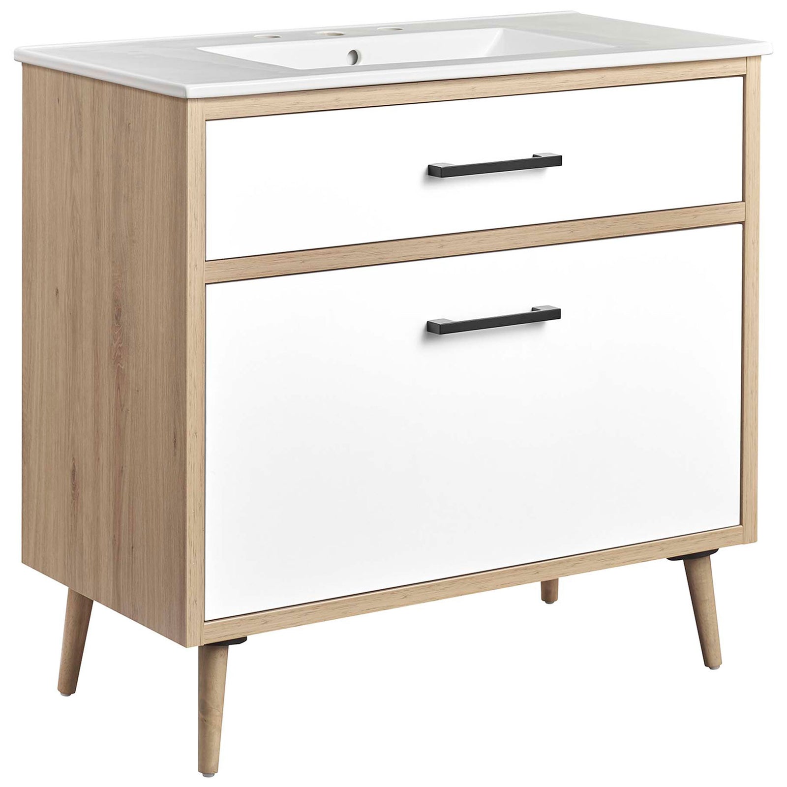 White oak vanity with wide basin, white panels, and black pulls on tapered legs || EEI-6500-WHI-OAK || front_angle_studio
