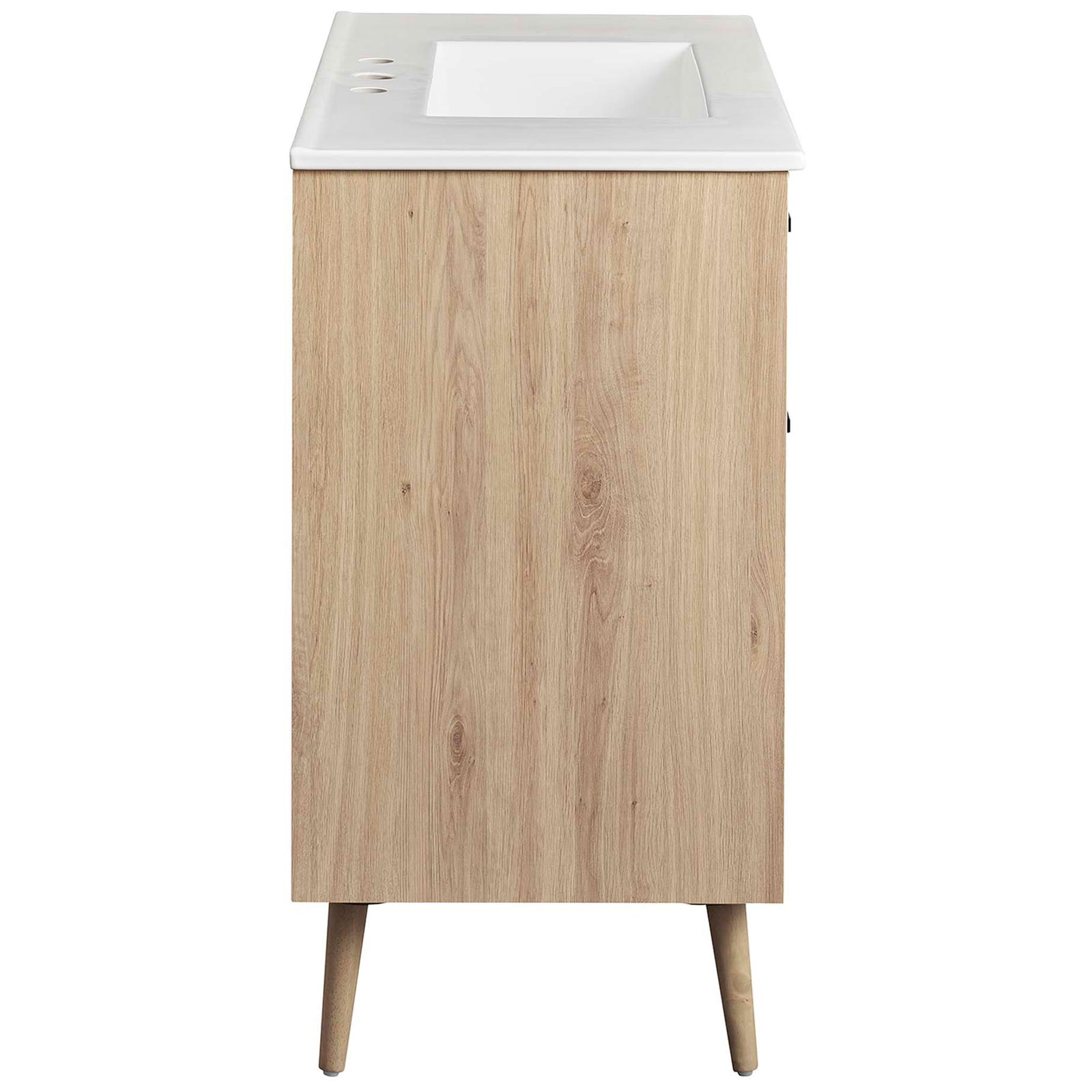 Streamlined white oak cabinet body with refined woodgrain and angled legs || EEI-6500-WHI-OAK || side_studio