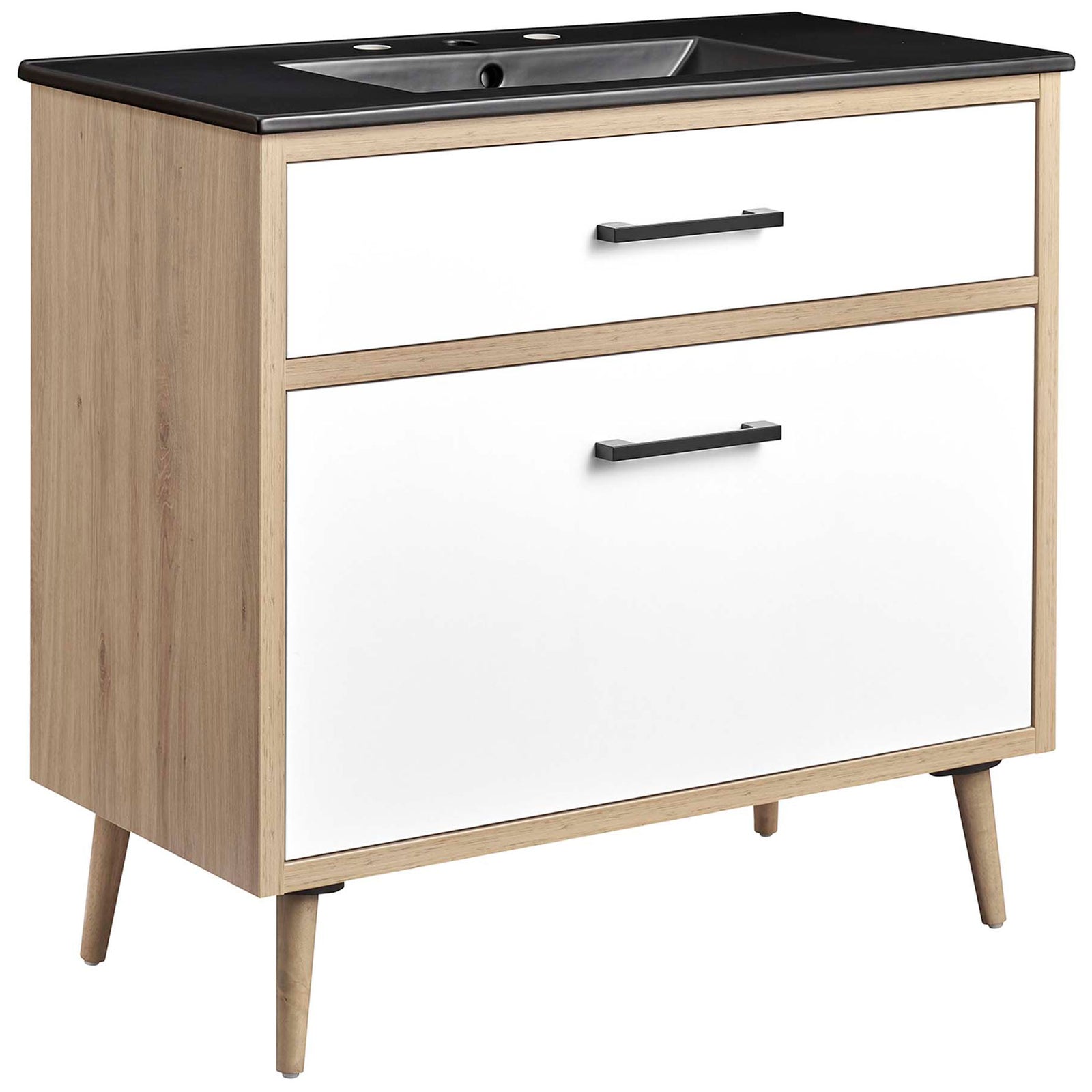 Modern vanity in black oak with wide white drawers, matte black pulls, and sleek basin || EEI-6501-BLK-OAK || front_angle_studio
