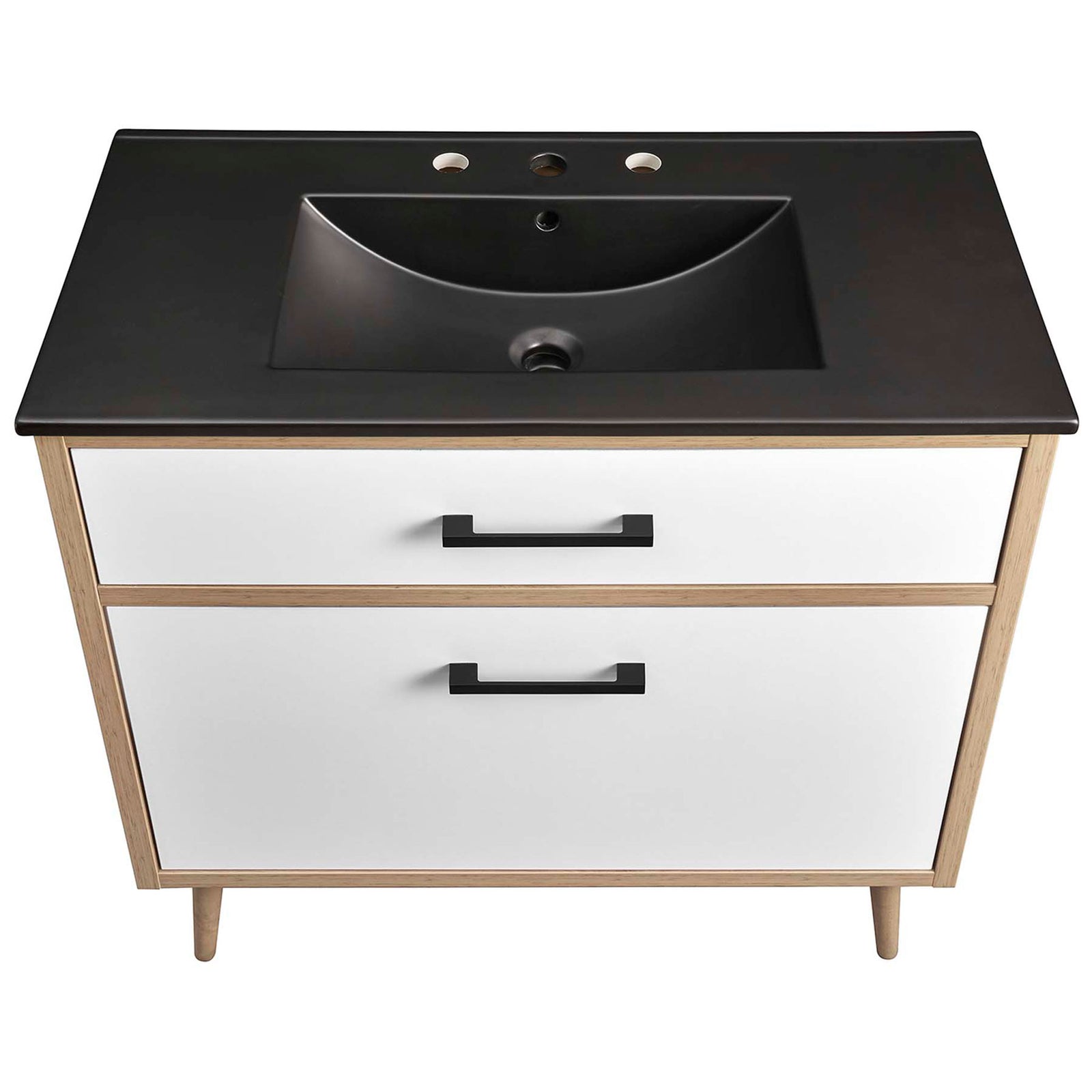 Integrated black ceramic basin with 8 inch faucet holes and smooth top || EEI-6501-BLK-OAK || top_studio