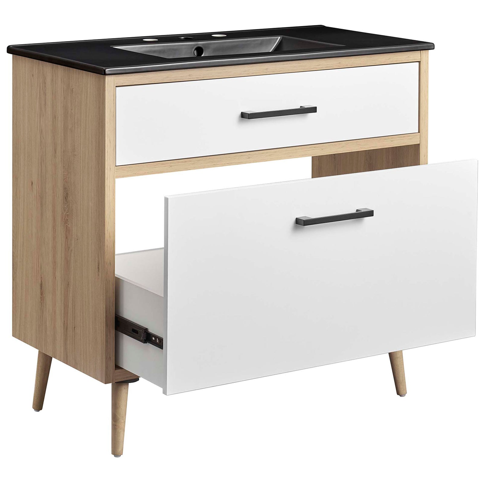 Large bottom drawer glides open to maximize storage under the elegant black basin || EEI-6501-BLK-OAK || front_angle_open_studio